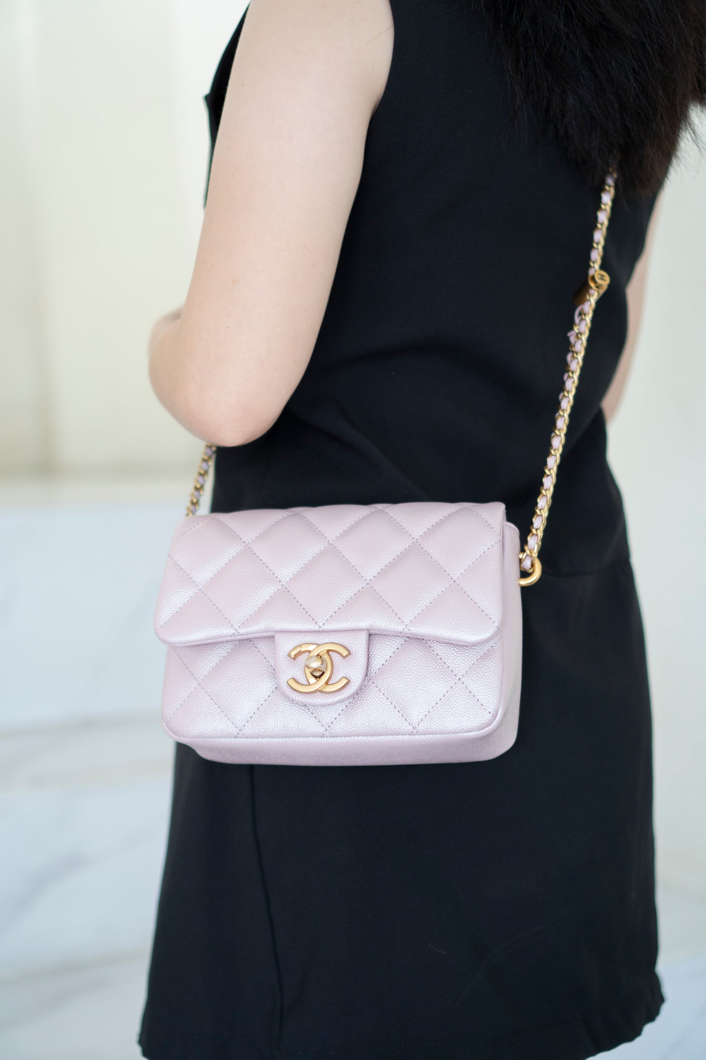 Mini Rectangular Flap Bag – Pink Iridescent Caviar with Light Gold Hardware