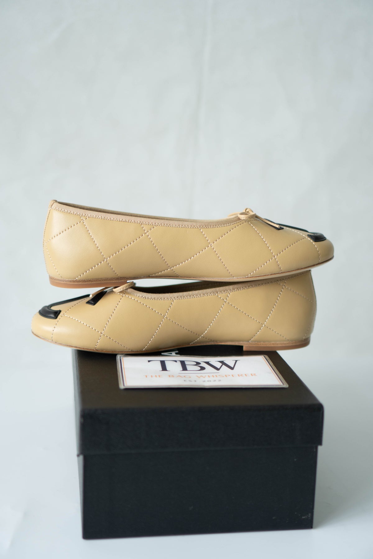 CC Quilted Ballet Flats – Beige & Black Lambskin