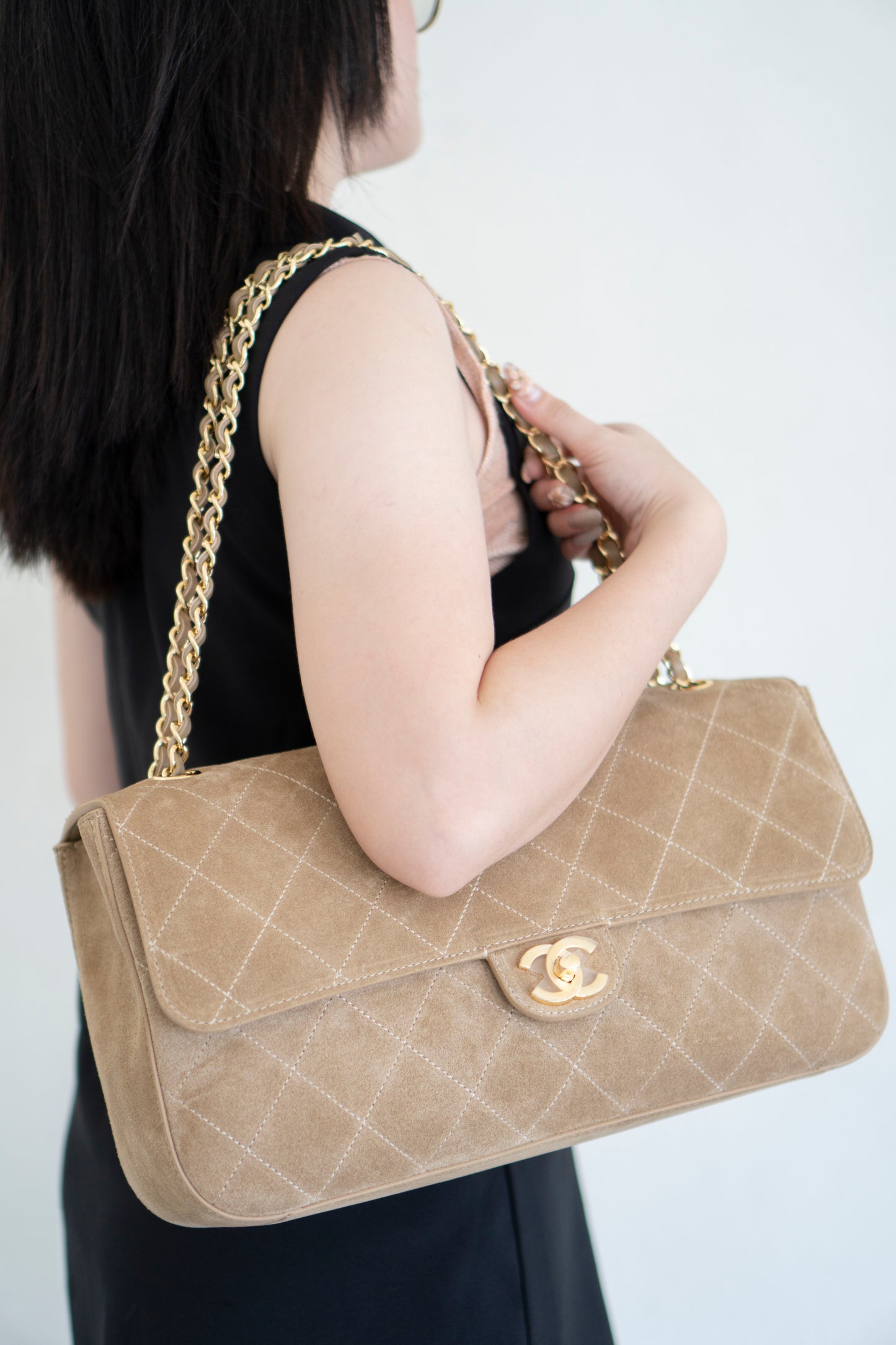 Jumbo Flap – Beige Suede from the 26S Collection with Gold Hardware