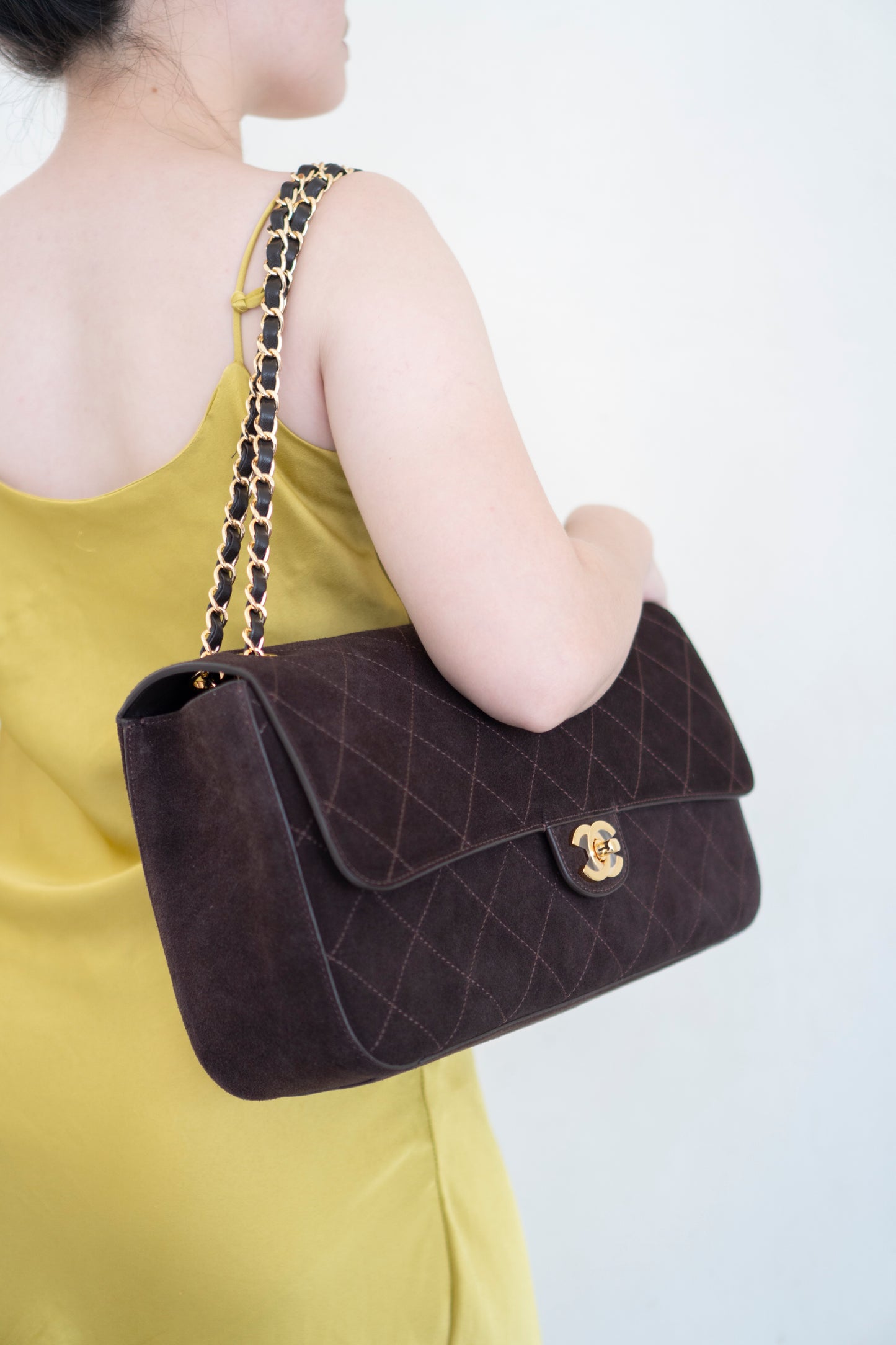 Jumbo Flap 26S – Dark Brown Suede with Gold Hardware