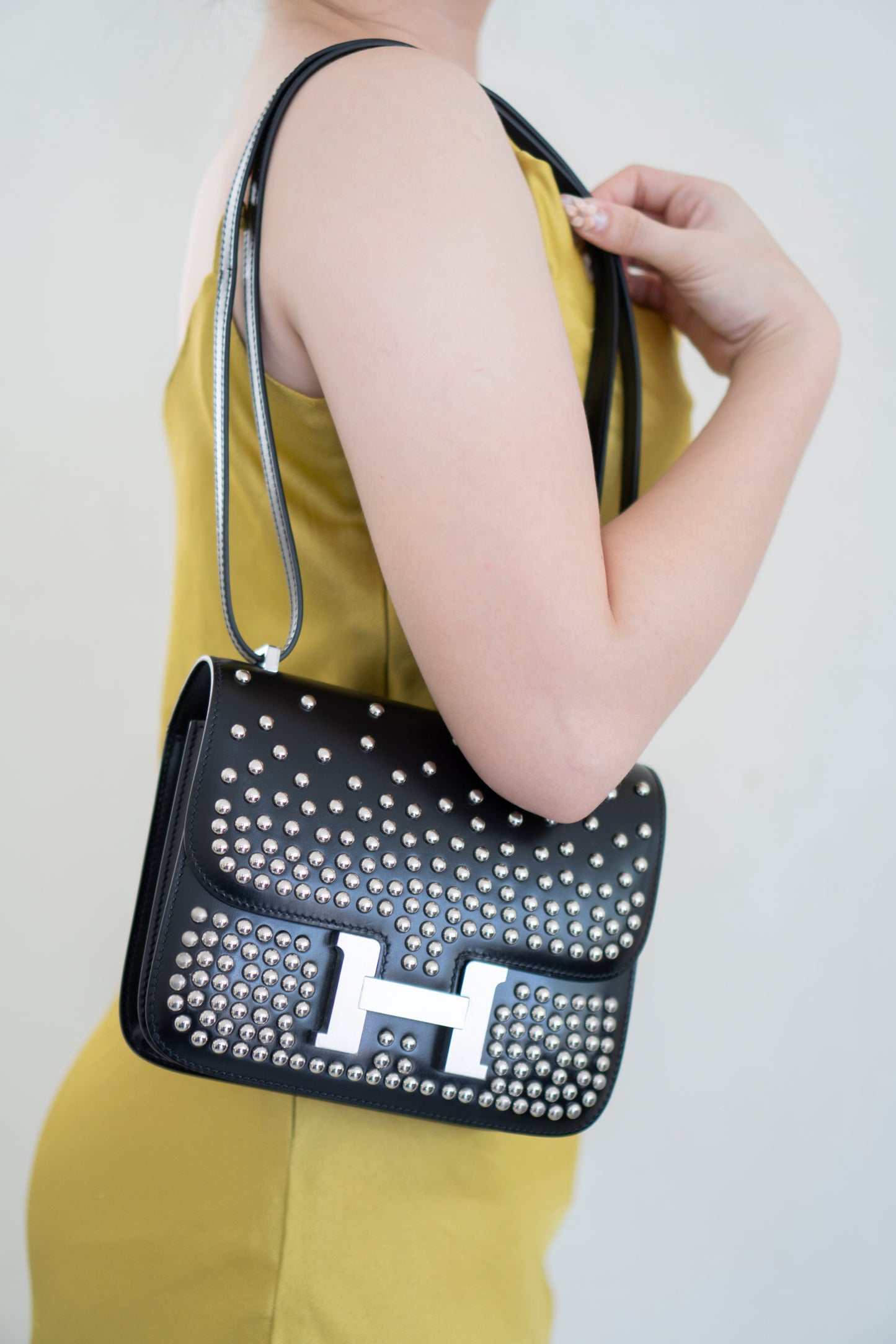 Constanc 18 – Black Box Leather with Stud Detailing