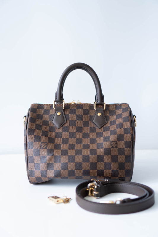 Speedy 25 – Damier Ebene Canvas with Dark Brown Leather Trim