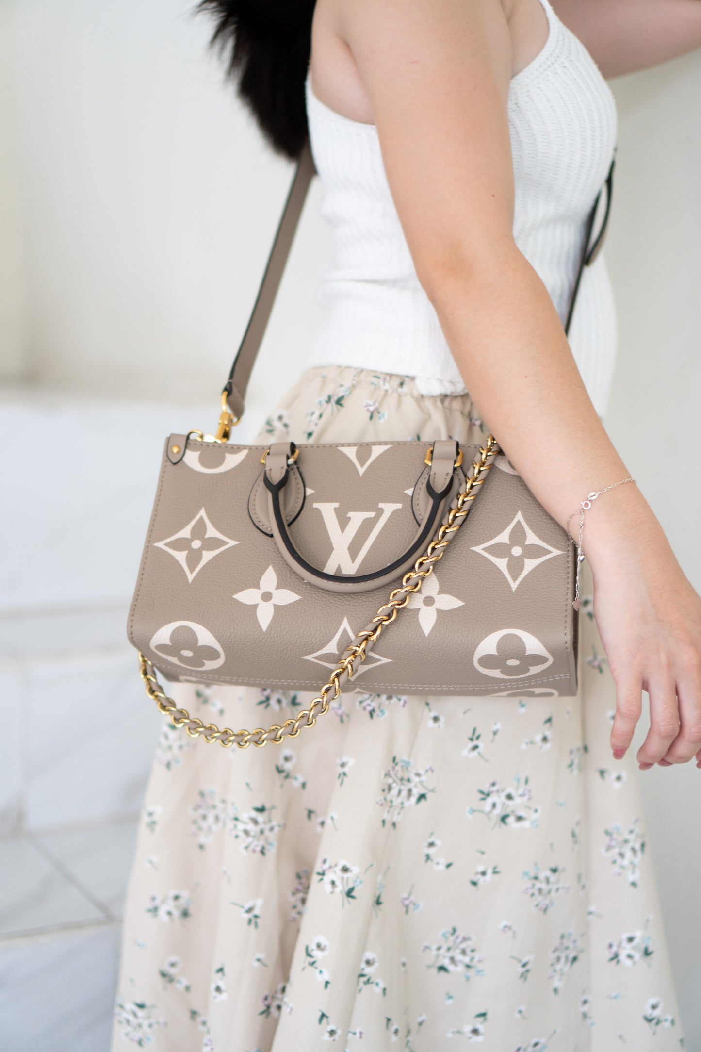 OnTheGo East-West Tote – Tourterelle Monogram Embossed Leather with Gold Hardware