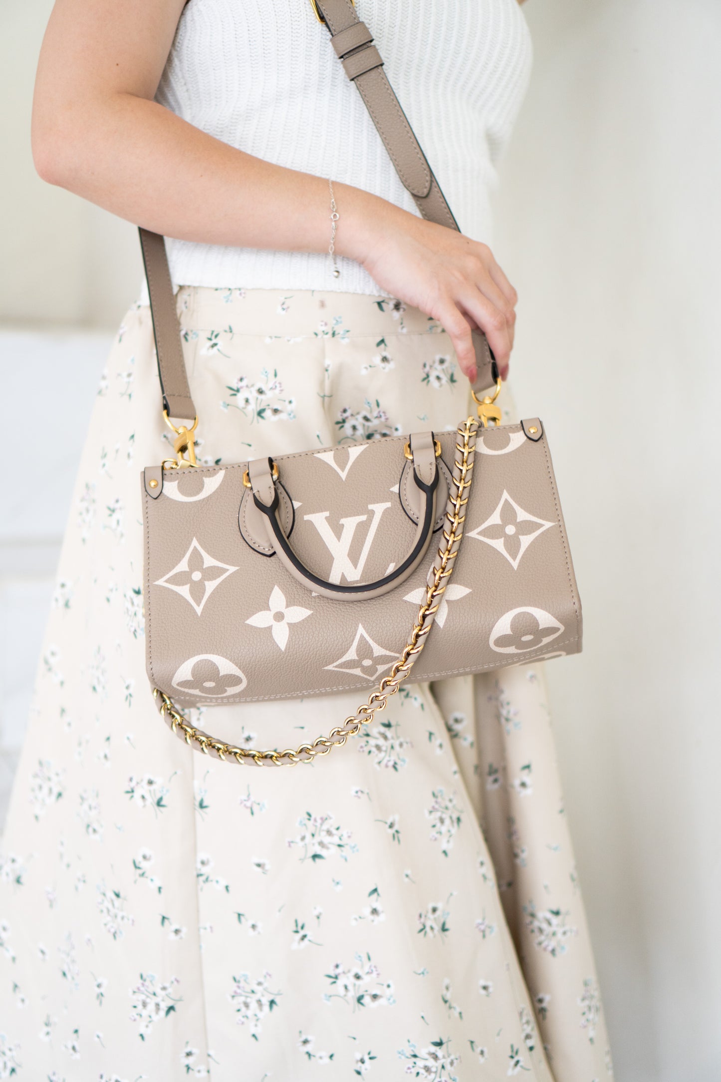 OnTheGo East-West Tote – Tourterelle Monogram Embossed Leather with Gold Hardware