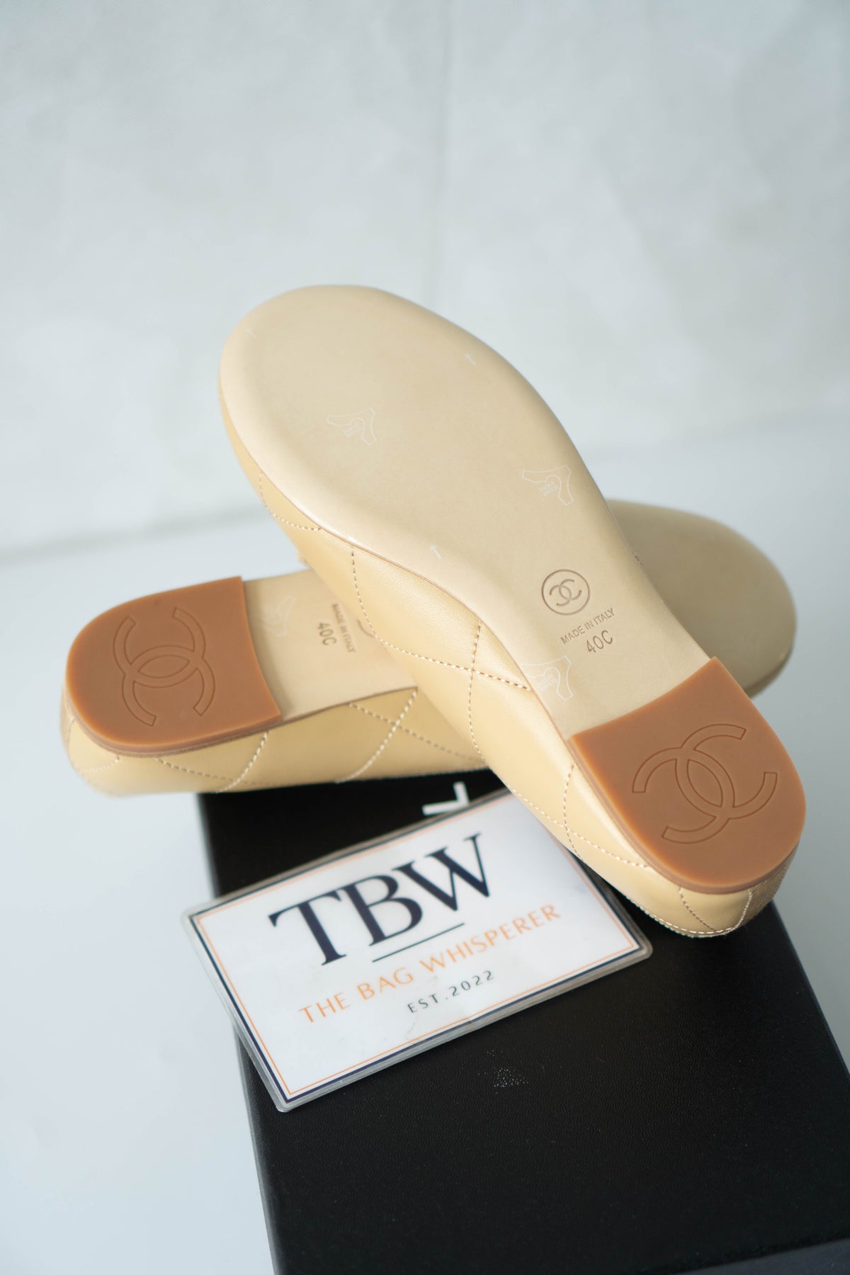CC Quilted Ballet Flats – Beige & Black Lambskin