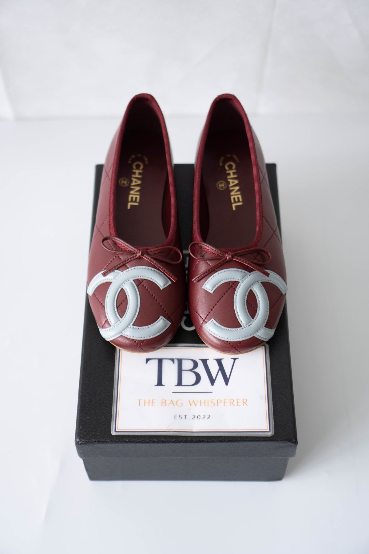 CC Quilted Ballet Flats – Burgundy & Light Blue Lambskin