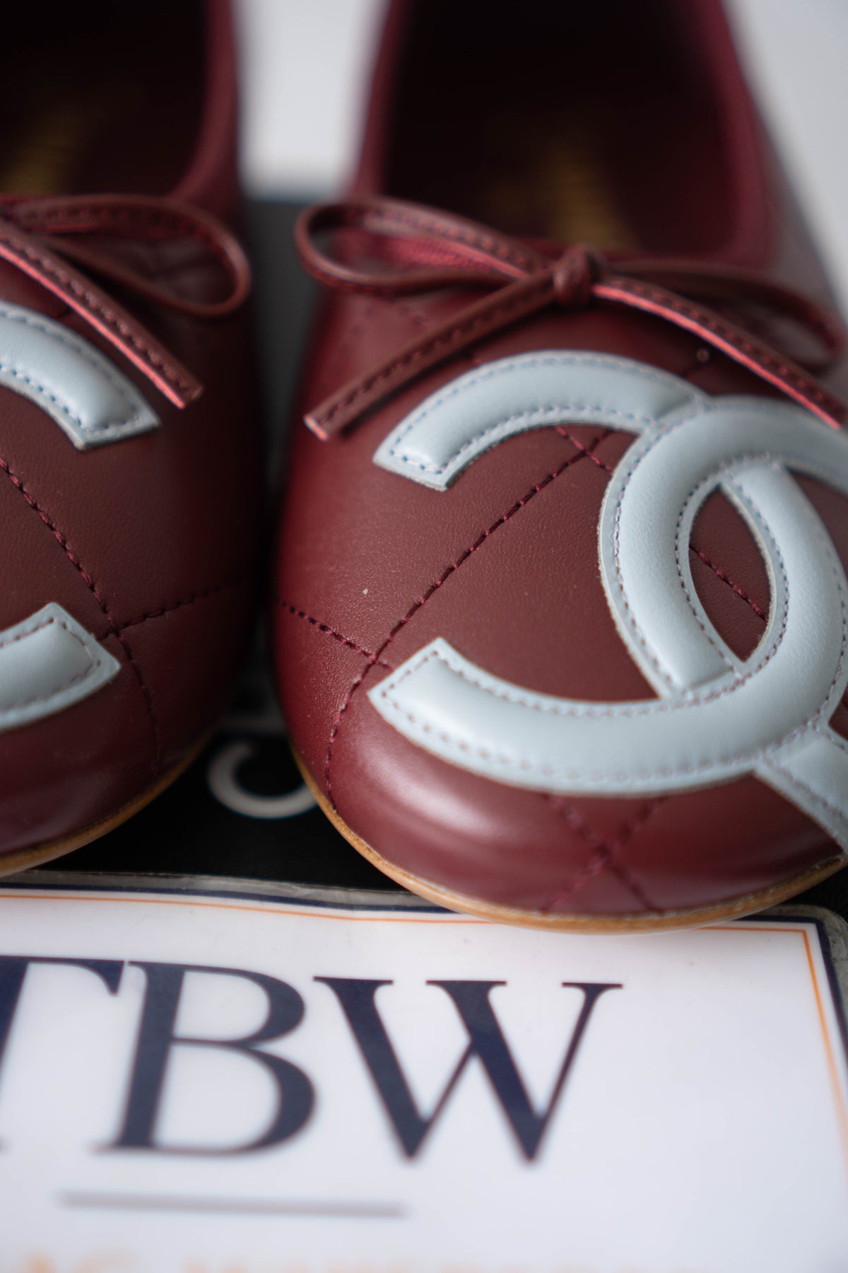 CC Quilted Ballet Flats – Burgundy & Light Blue Lambskin