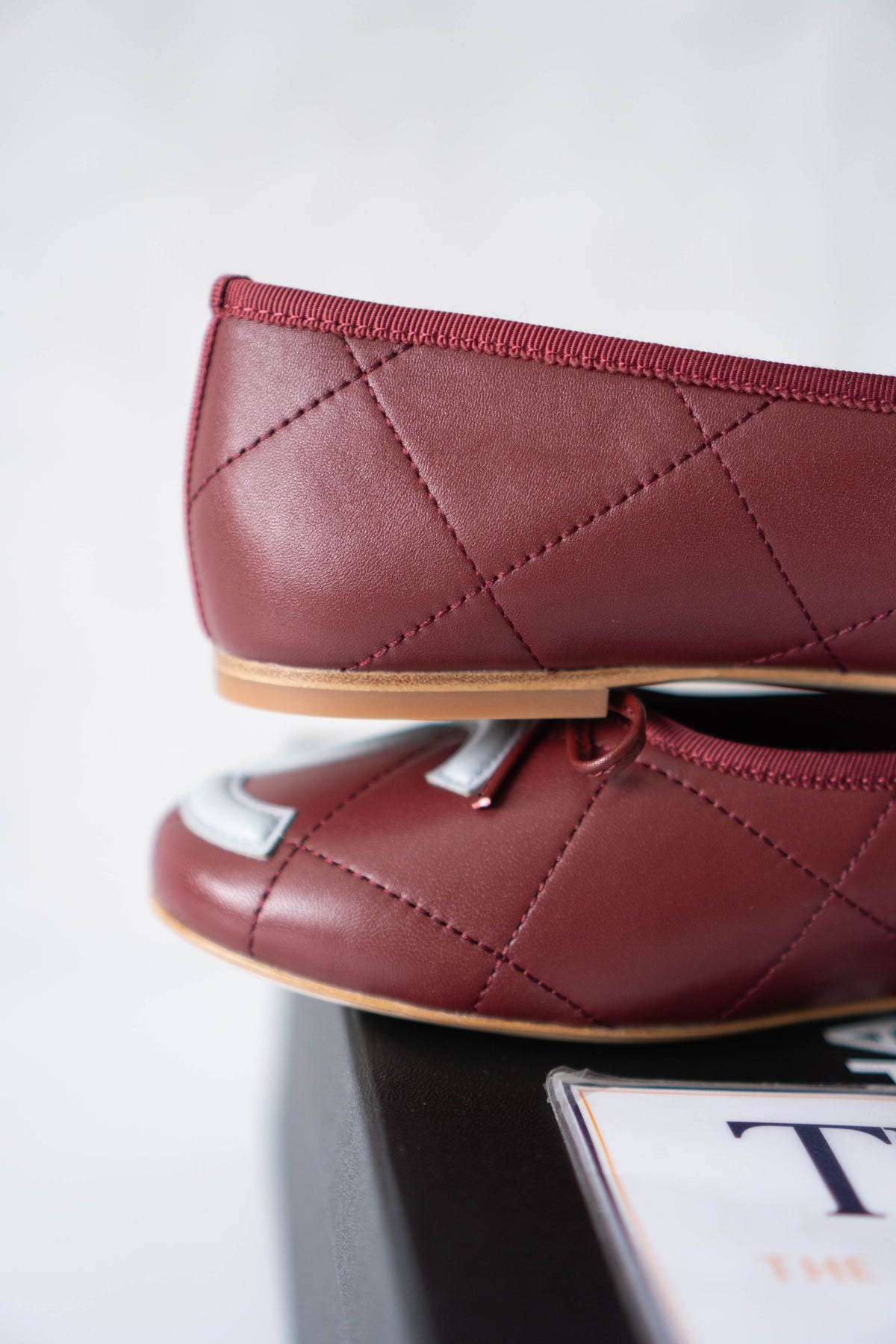 CC Quilted Ballet Flats – Burgundy & Light Blue Lambskin