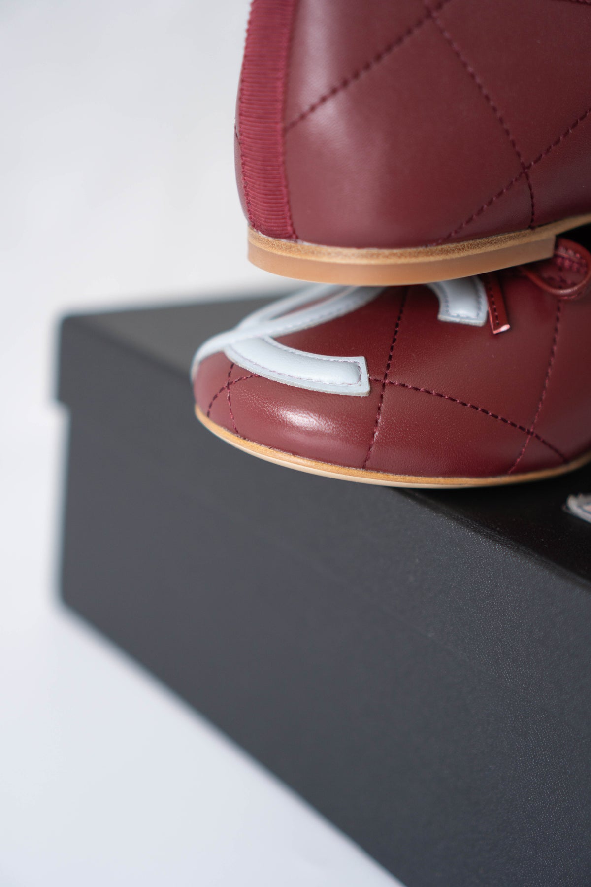 CC Quilted Ballet Flats – Burgundy & Light Blue Lambskin