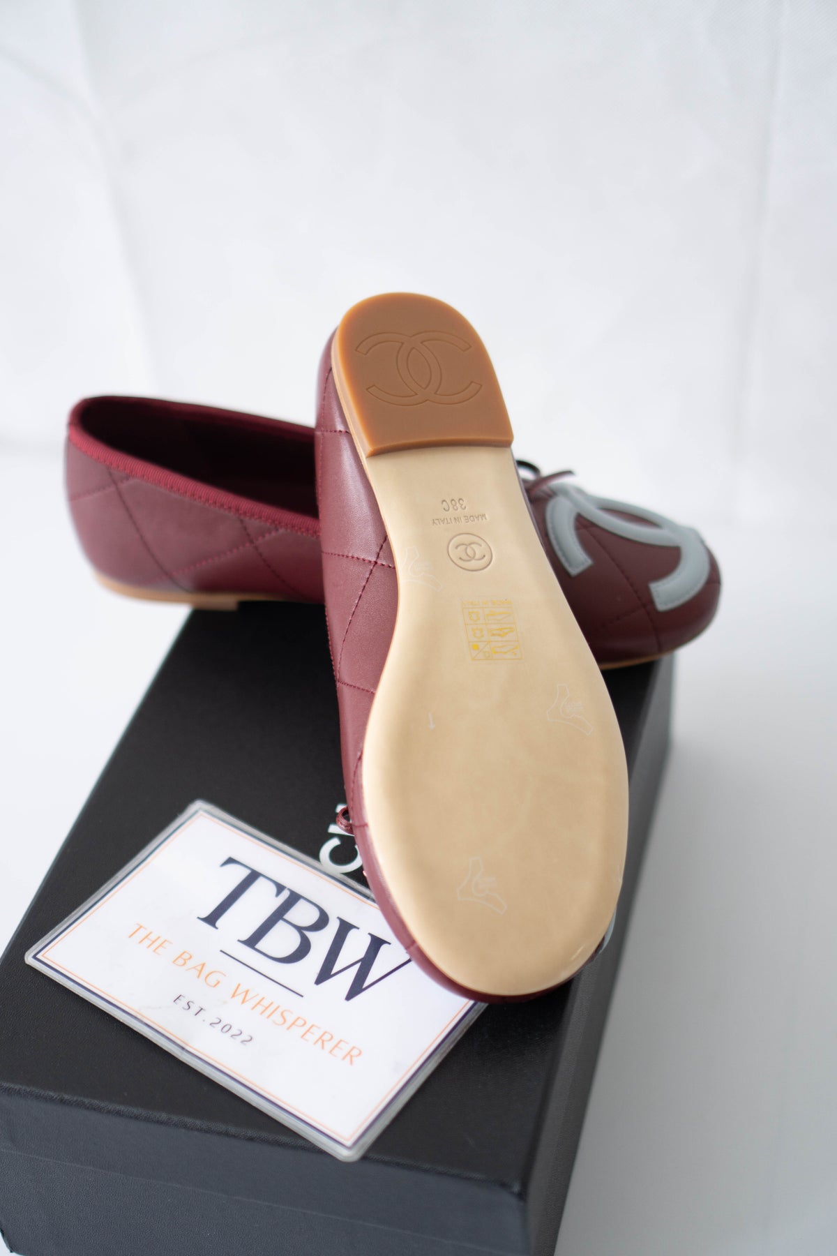 CC Quilted Ballet Flats – Burgundy & Light Blue Lambskin