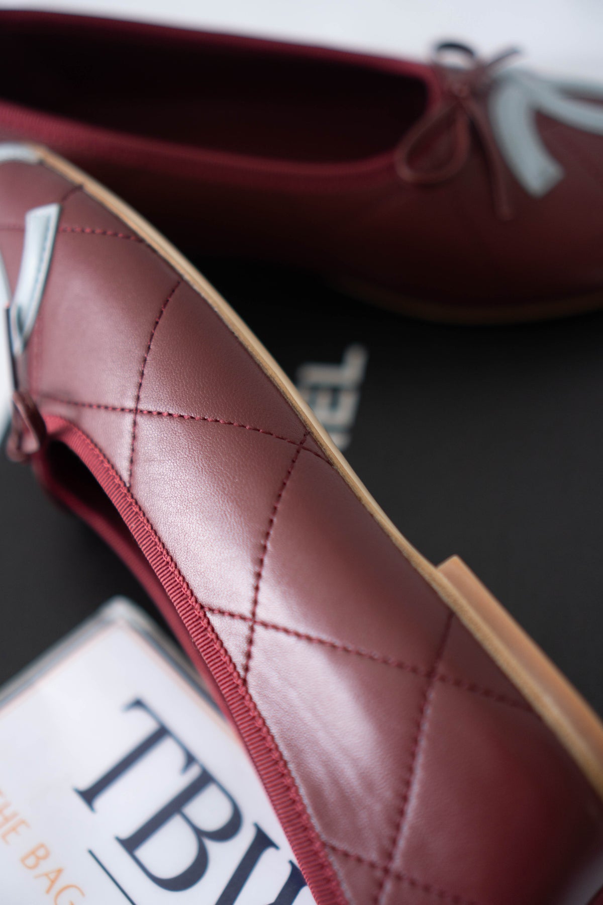 CC Quilted Ballet Flats – Burgundy & Light Blue Lambskin