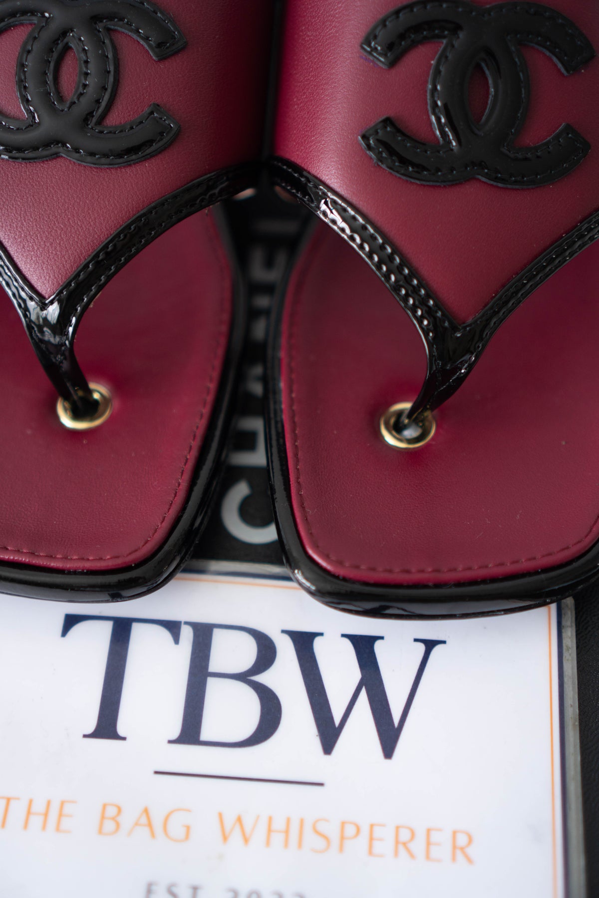 CC Thong Sandals – Burgundy Calfskin & Black Patent Leather