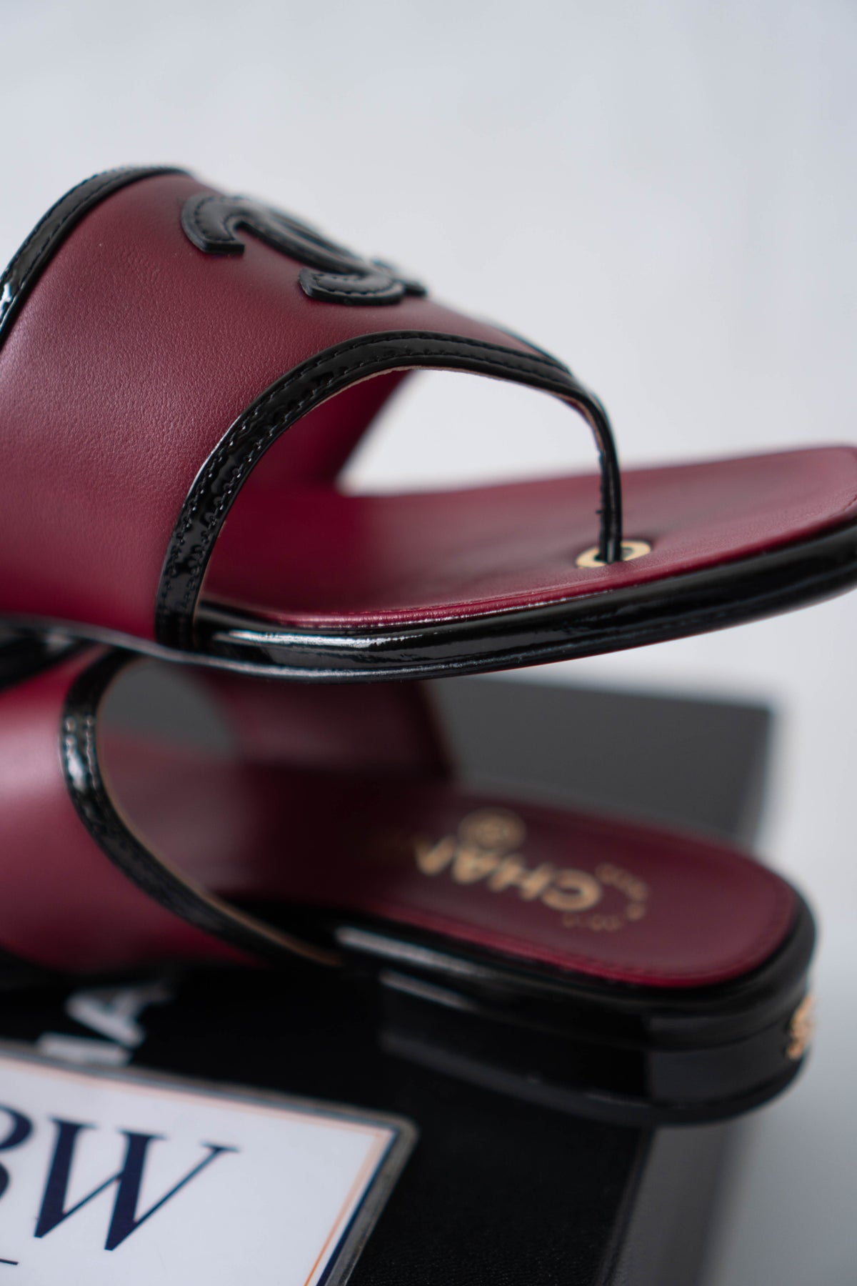 CC Thong Sandals – Burgundy Calfskin & Black Patent Leather