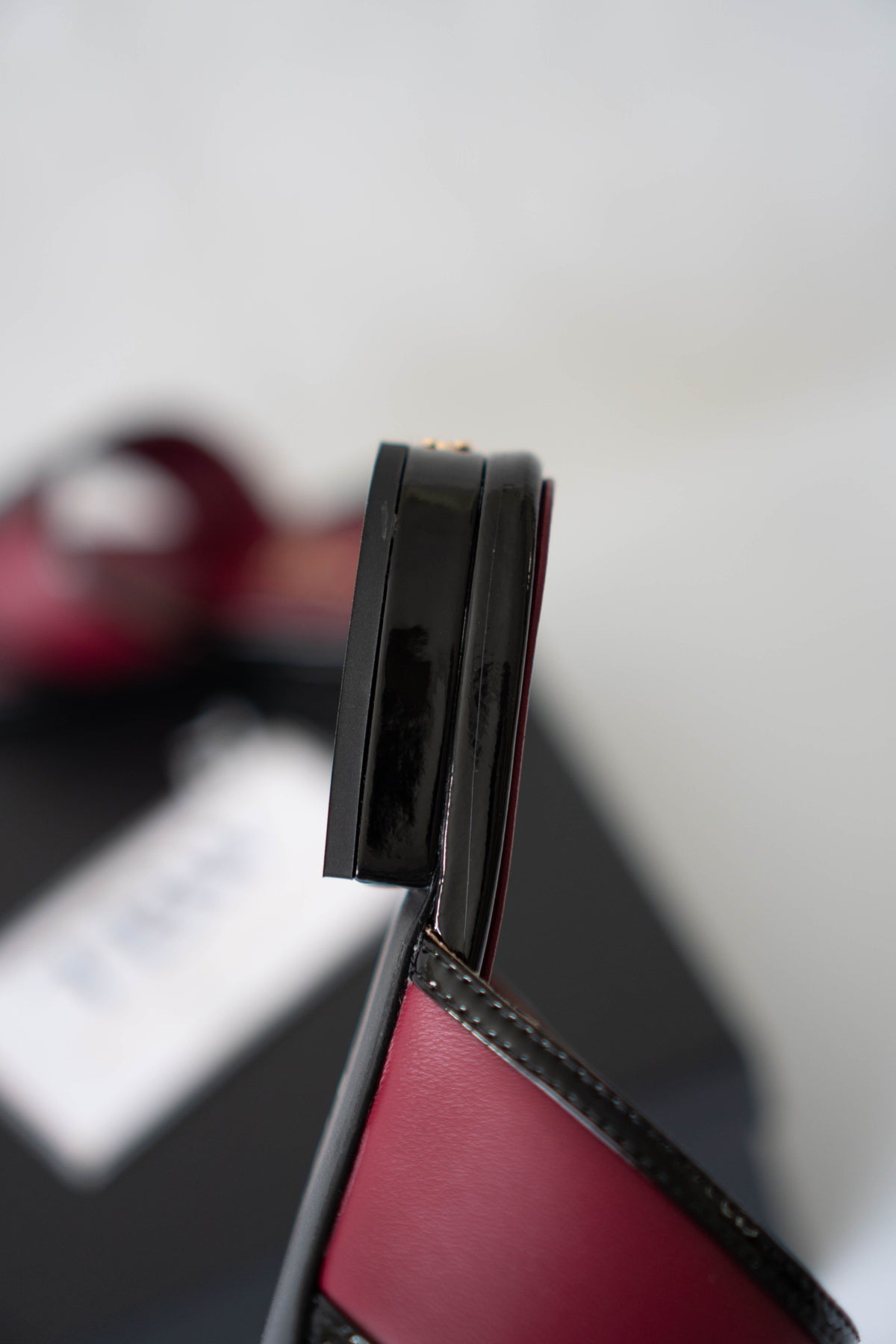CC Thong Sandals – Burgundy Calfskin & Black Patent Leather