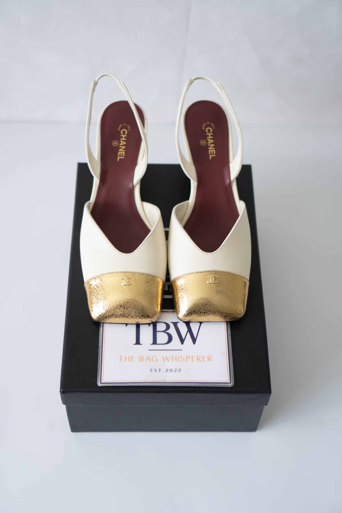 CC Cap-Toe Slingback Pumps – Cream &amp; Crackled Metallic Gold Leather