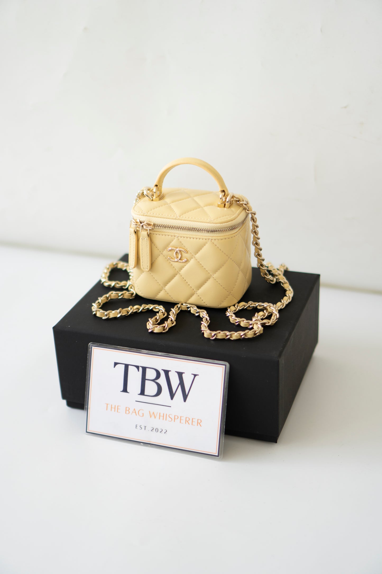 Classic Top Handle Mini Vanity Case – Light Yellow Lambskin with Gold Hardware