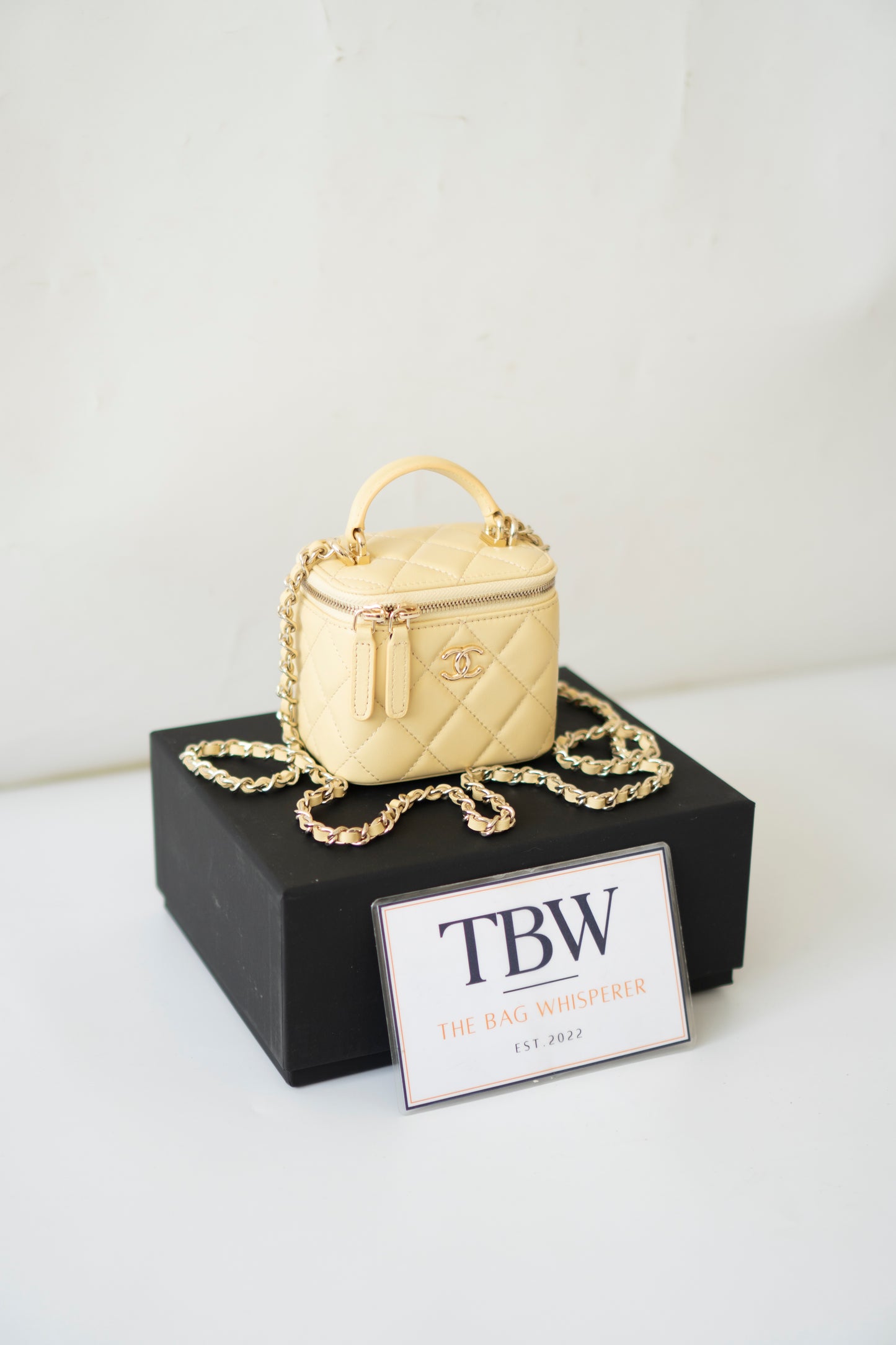 Classic Top Handle Mini Vanity Case – Light Yellow Lambskin with Gold Hardware