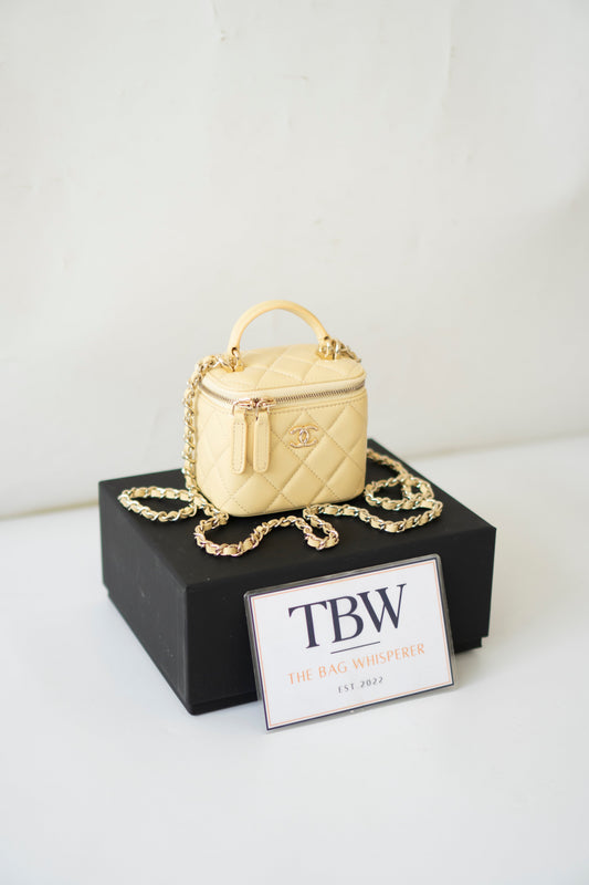 Classic Top Handle Mini Vanity Case – Light Yellow Lambskin with Gold Hardware
