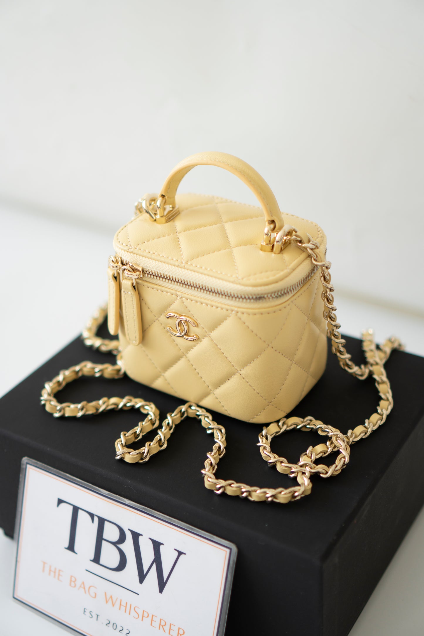 Classic Top Handle Mini Vanity Case – Light Yellow Lambskin with Gold Hardware