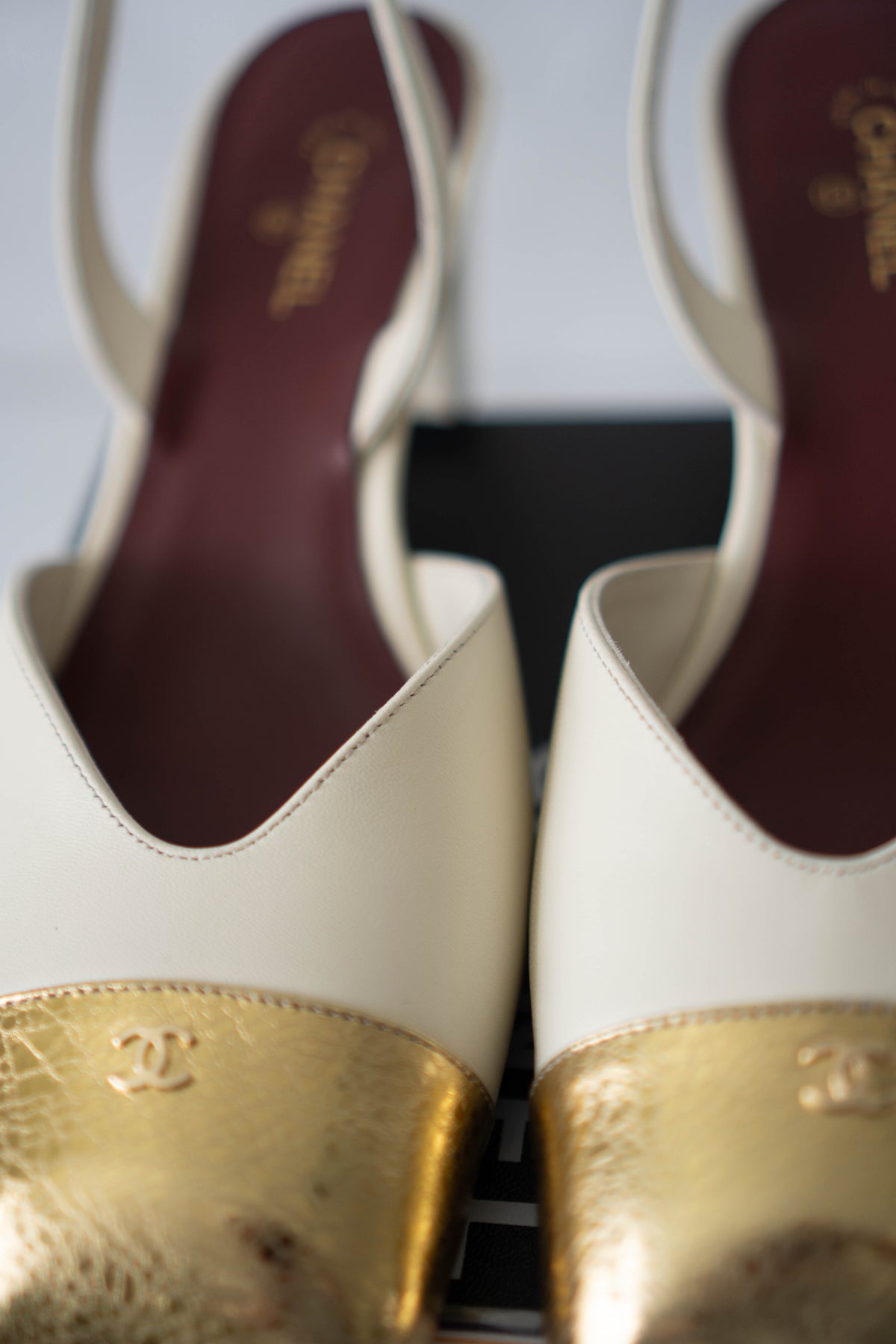CC Cap-Toe Slingback Pumps – Cream &amp; Crackled Metallic Gold Leather