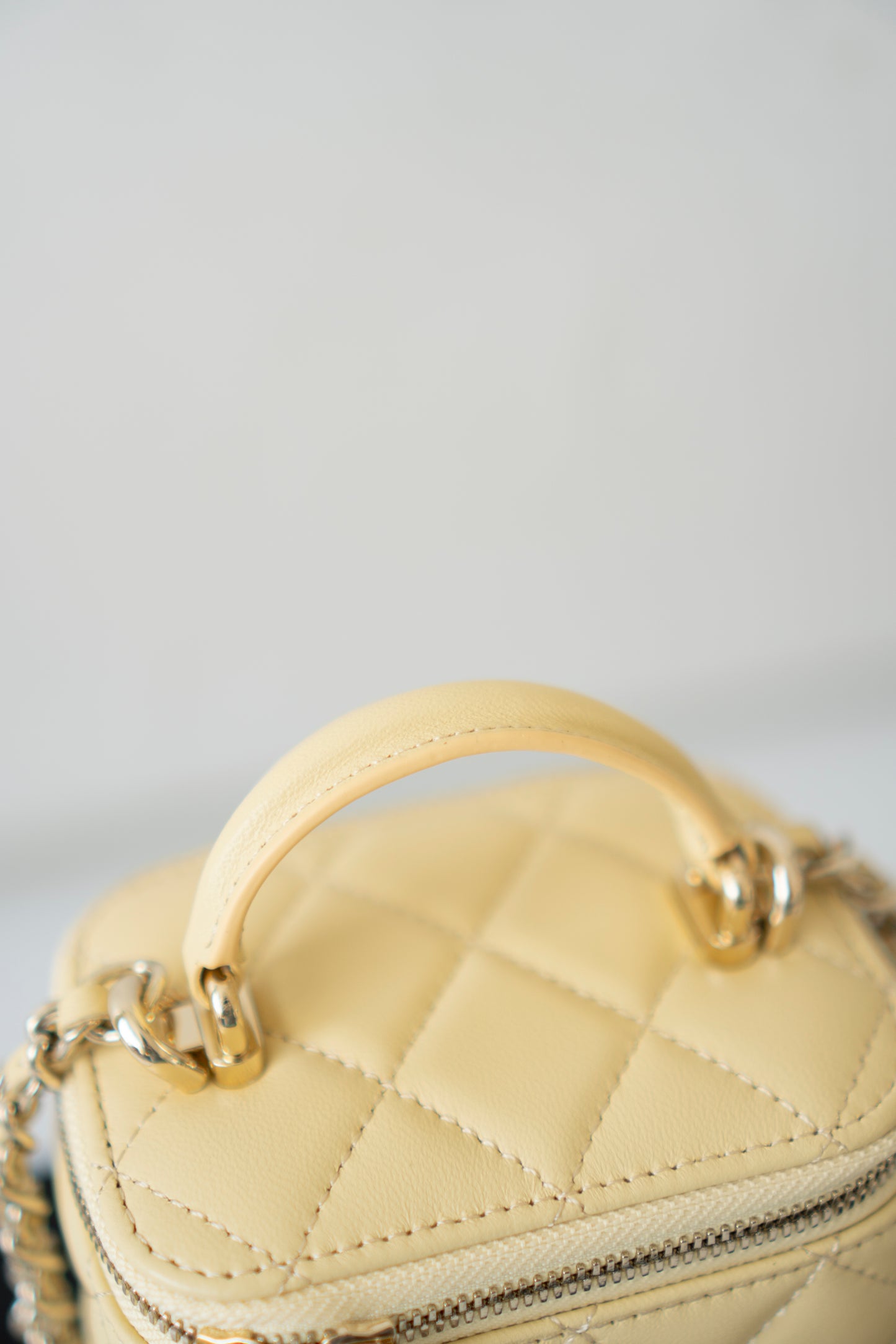 Classic Top Handle Mini Vanity Case – Light Yellow Lambskin with Gold Hardware