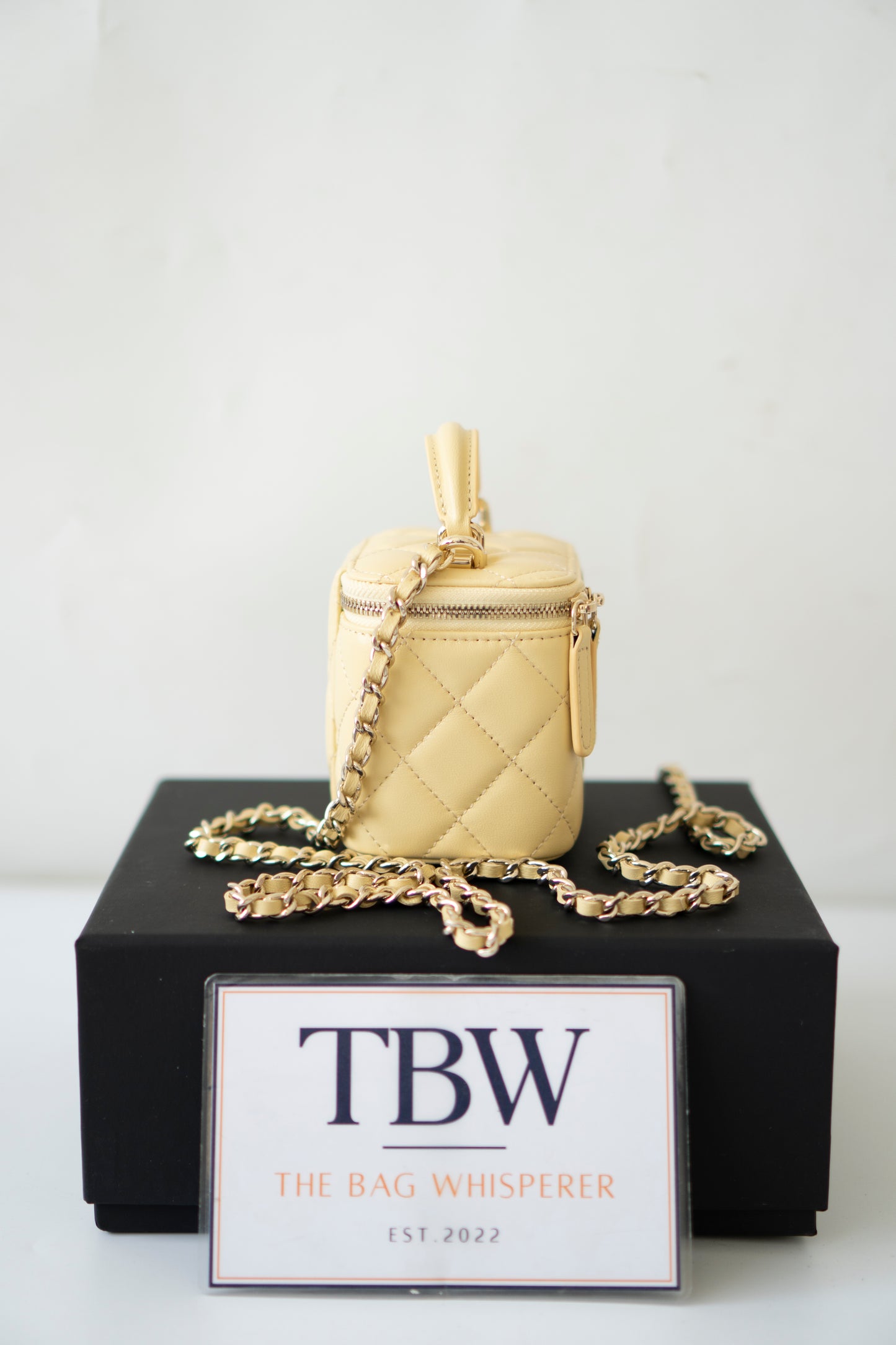 Classic Top Handle Mini Vanity Case – Light Yellow Lambskin with Gold Hardware