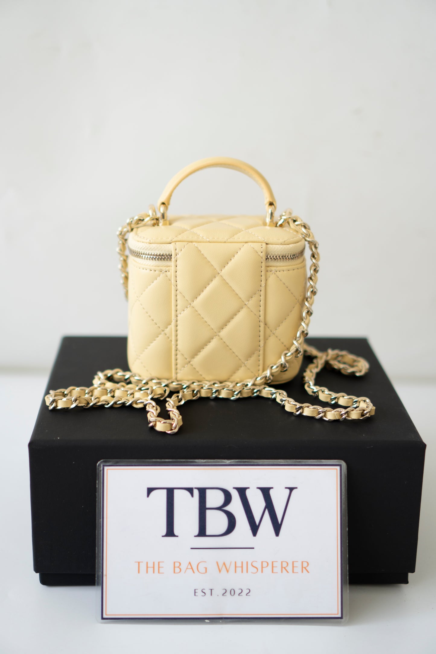 Classic Top Handle Mini Vanity Case – Light Yellow Lambskin with Gold Hardware