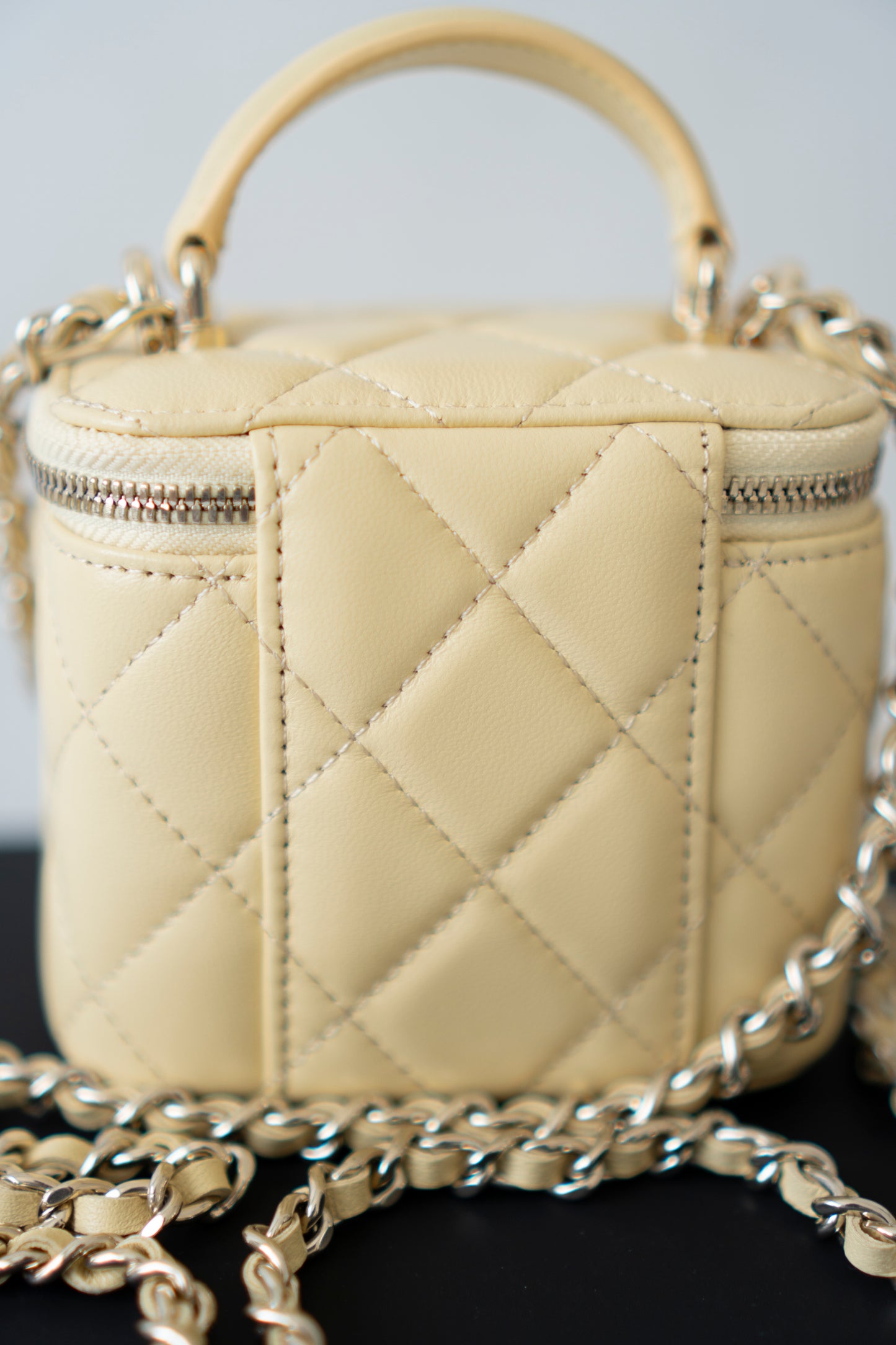 Classic Top Handle Mini Vanity Case – Light Yellow Lambskin with Gold Hardware