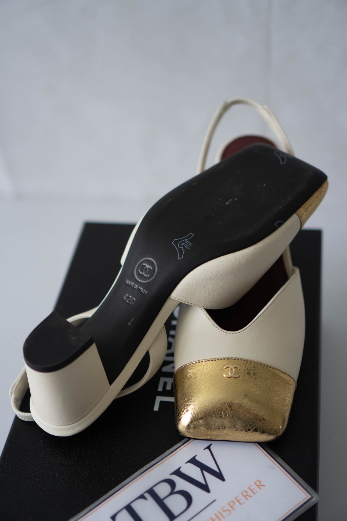 CC Cap-Toe Slingback Pumps – Cream &amp; Crackled Metallic Gold Leather