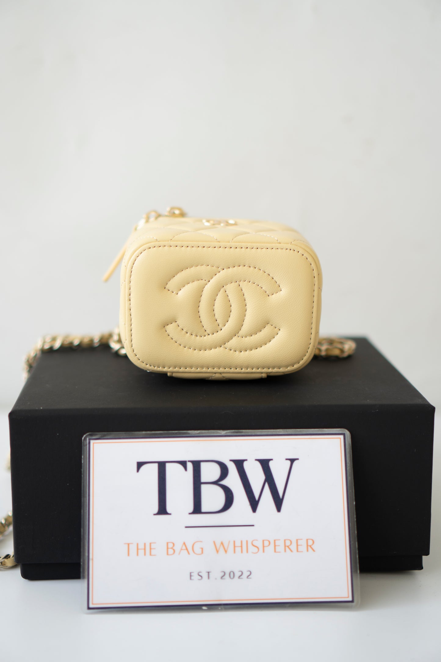 Classic Top Handle Mini Vanity Case – Light Yellow Lambskin with Gold Hardware