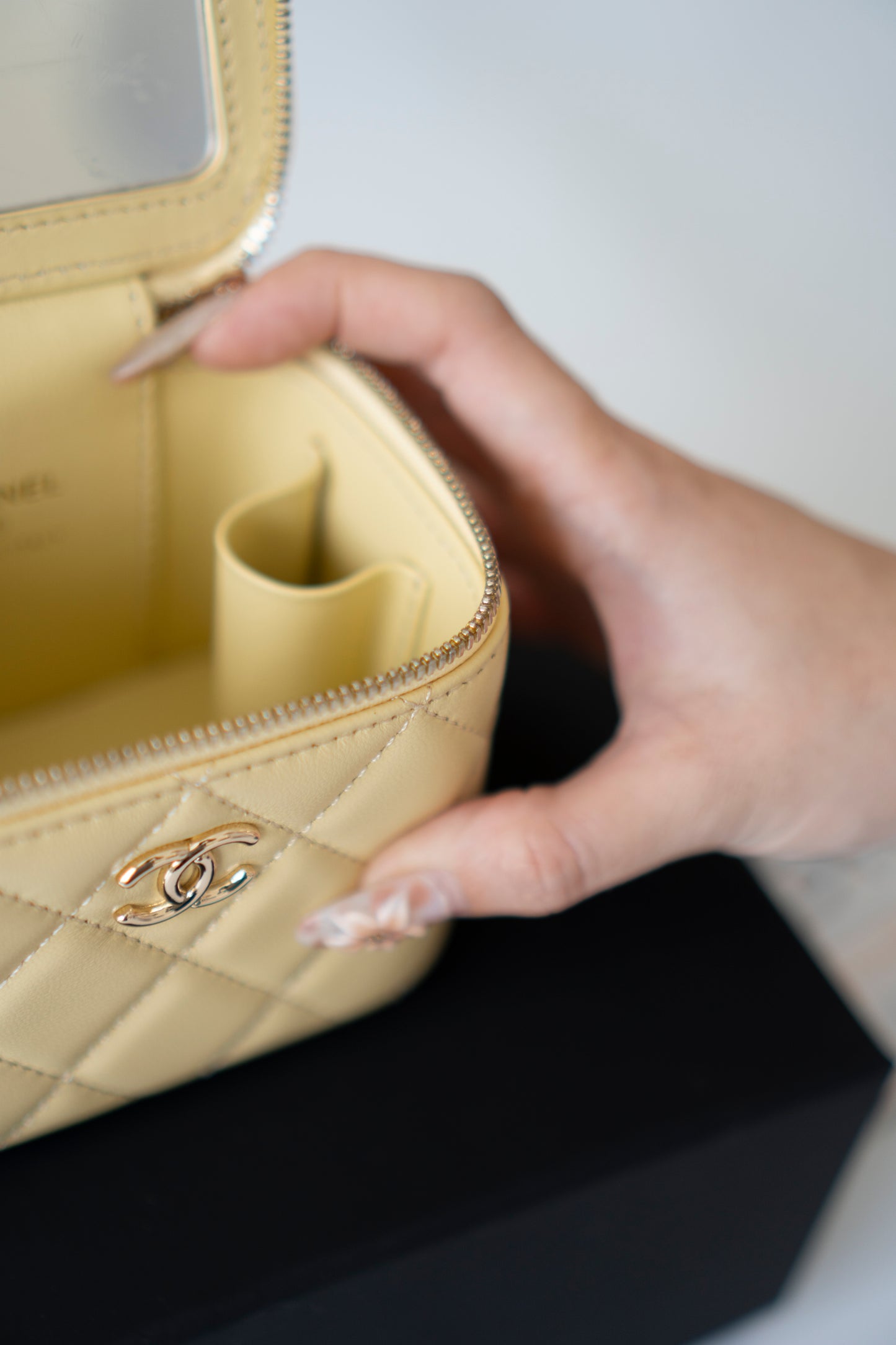 Classic Top Handle Mini Vanity Case – Light Yellow Lambskin with Gold Hardware