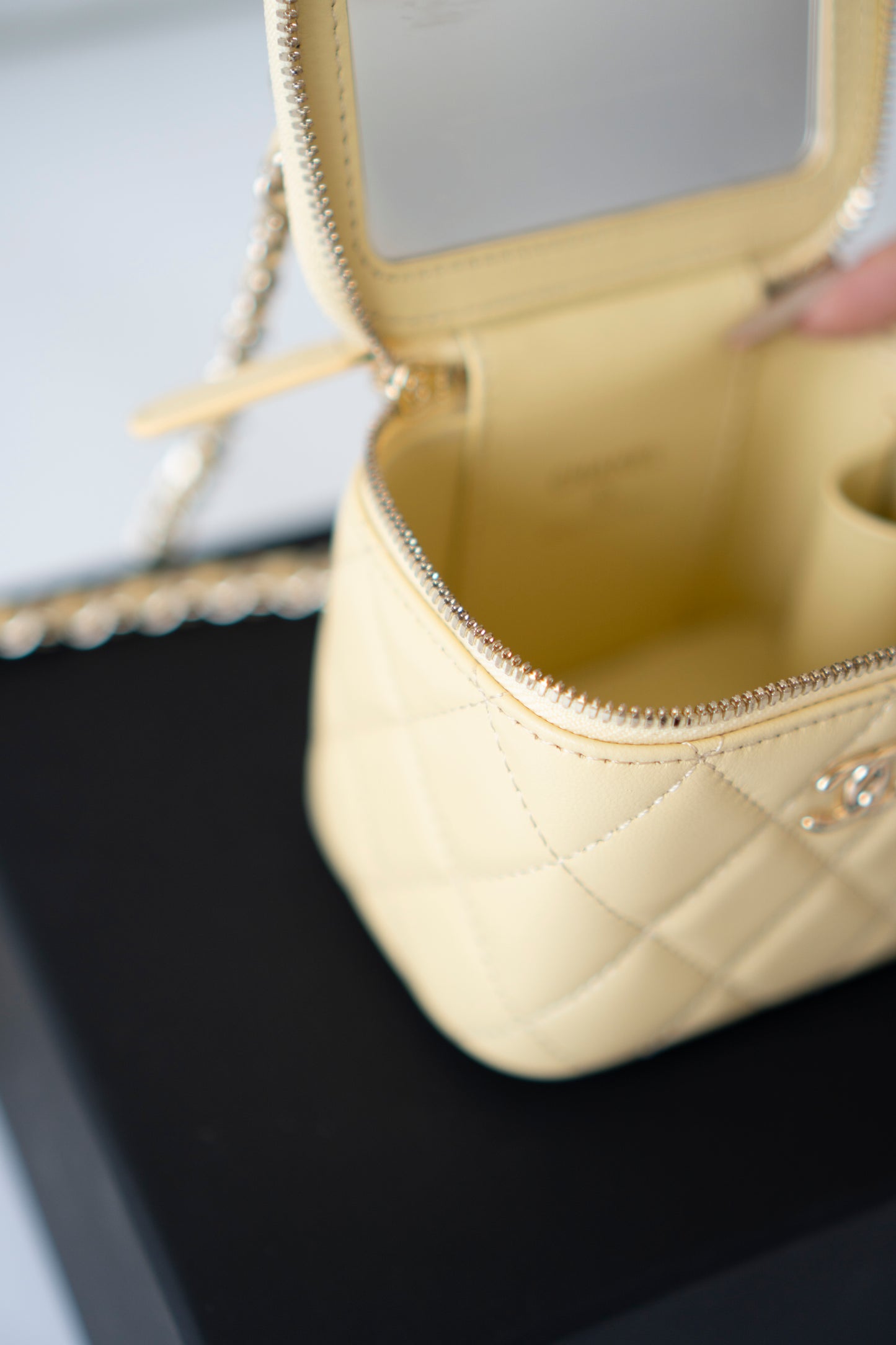 Classic Top Handle Mini Vanity Case – Light Yellow Lambskin with Gold Hardware