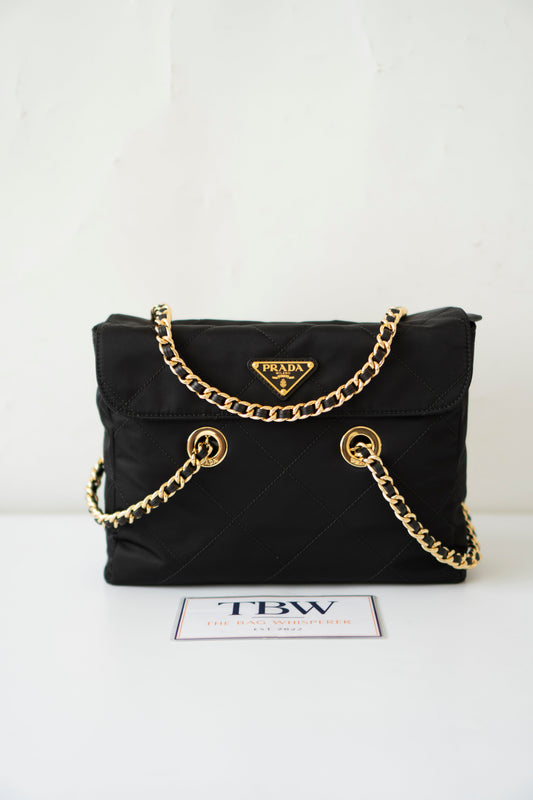 Quilted Nylon Tessuto Impuntu Chain Shoulder Bag – Black with Gold Hardware