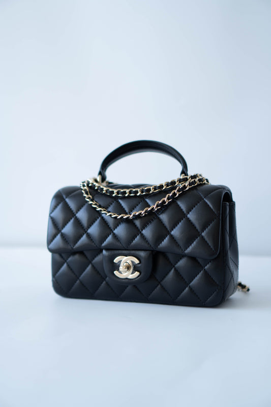 Mini Top Handle Flap – Black Lambskin with Gold Hardware