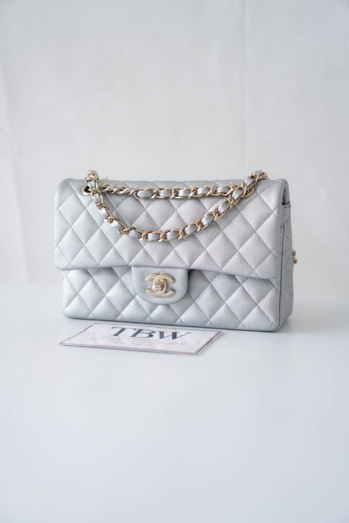 CC Classic Medium Double Flap Bag – Metallic Silver Iridescent Caviar in Light Gold Hardware