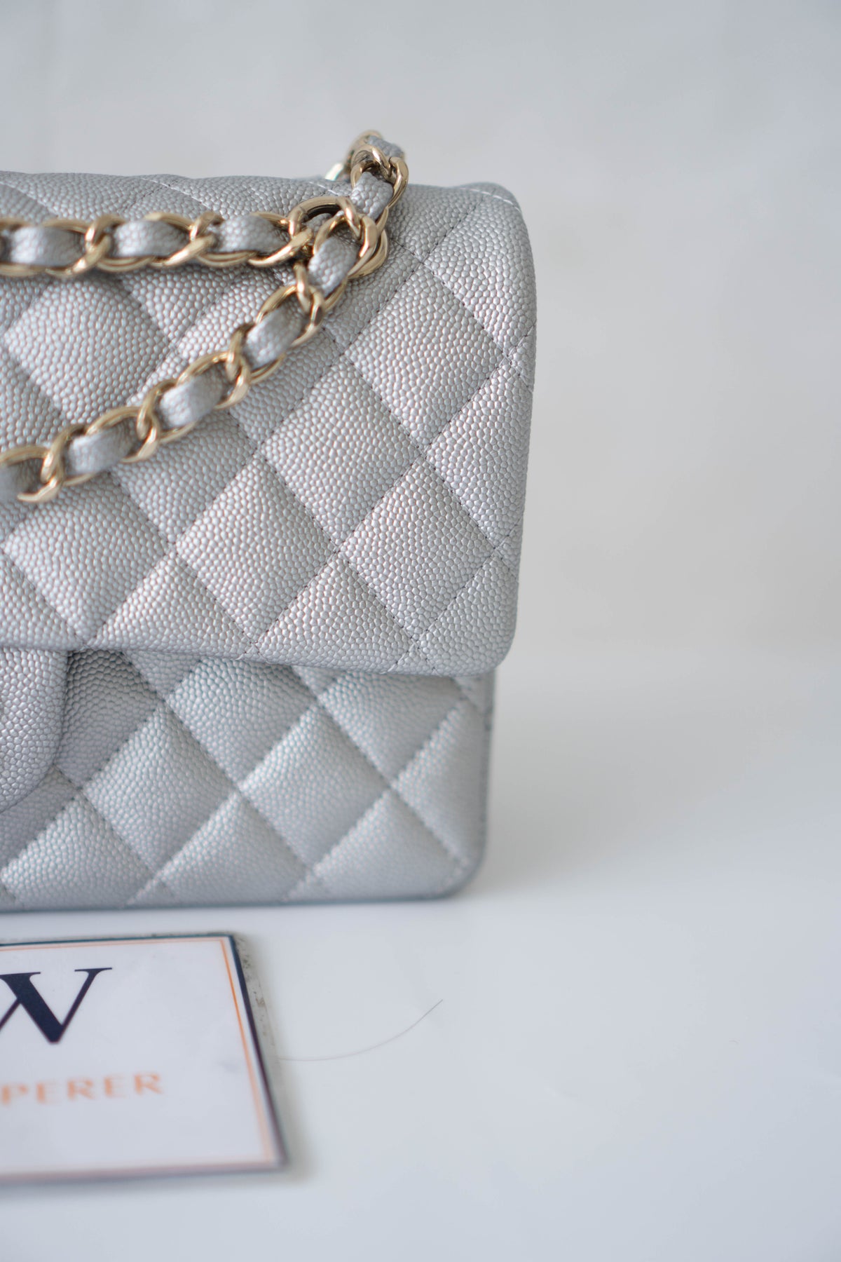 CC Classic Medium Double Flap Bag – Metallic Silver Iridescent Caviar in Light Gold Hardware