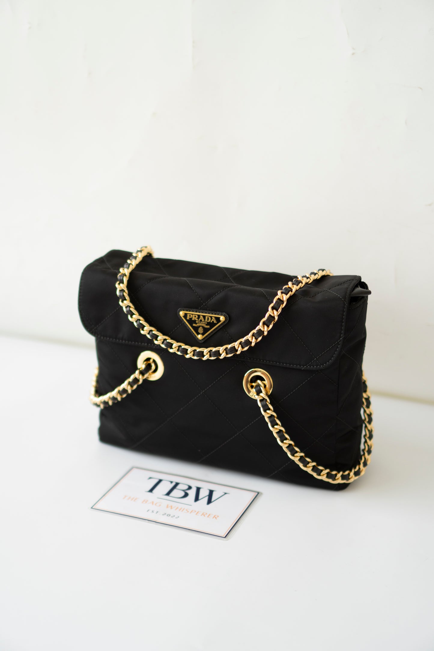 Quilted Nylon Tessuto Impuntu Chain Shoulder Bag – Black with Gold Hardware