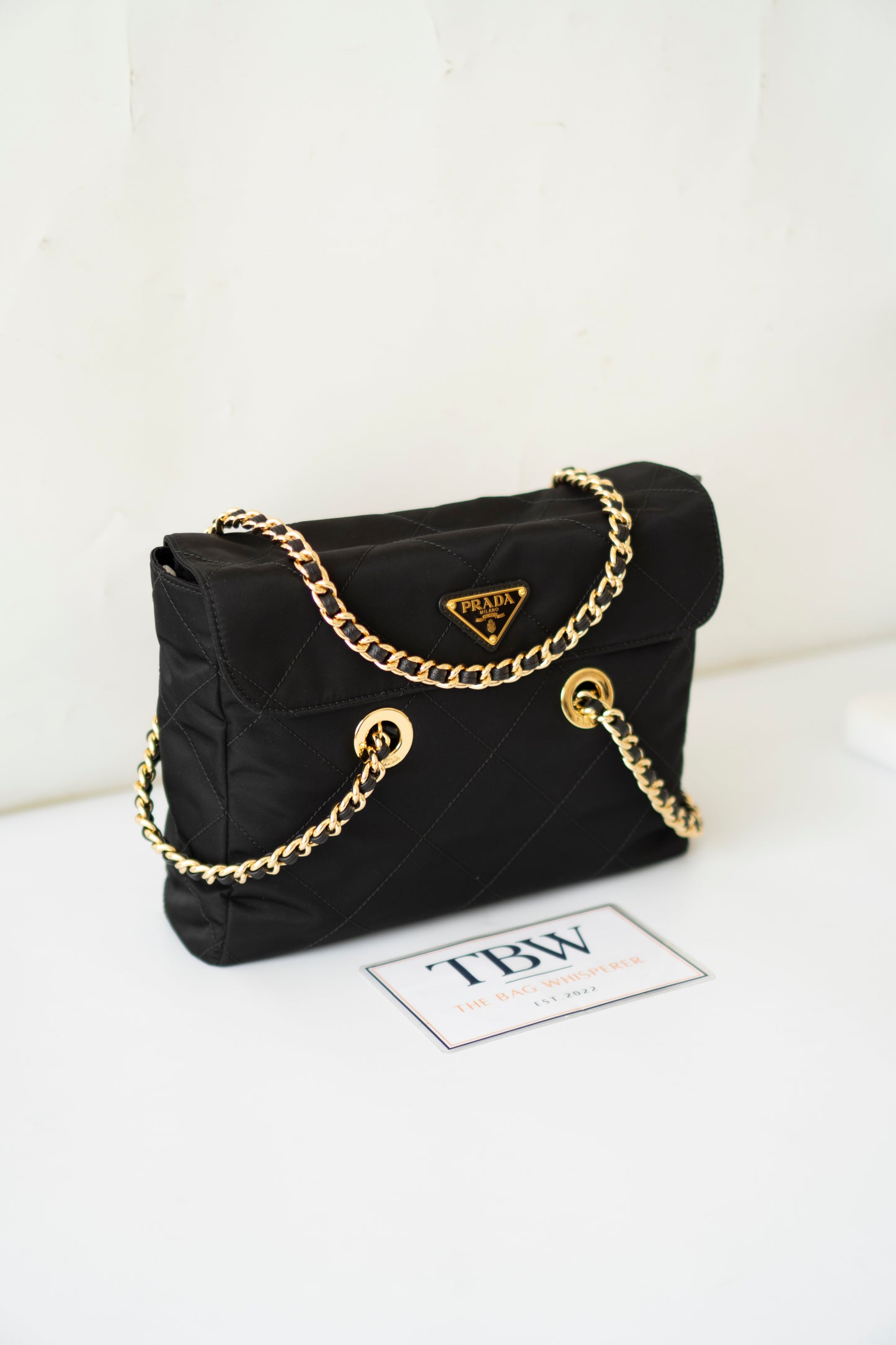 Quilted Nylon Tessuto Impuntu Chain Shoulder Bag – Black with Gold Hardware