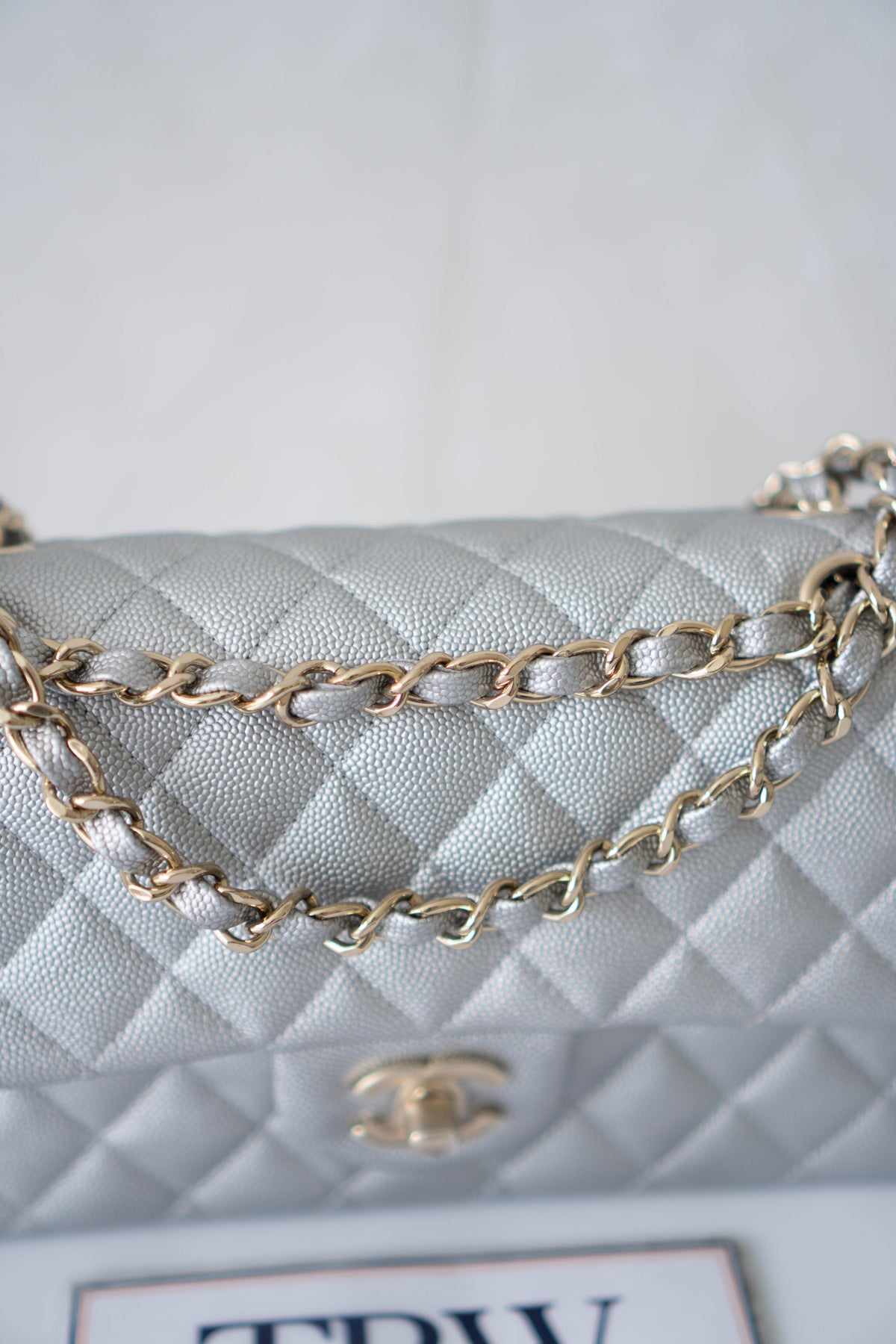 CC Classic Medium Double Flap Bag – Metallic Silver Iridescent Caviar in Light Gold Hardware