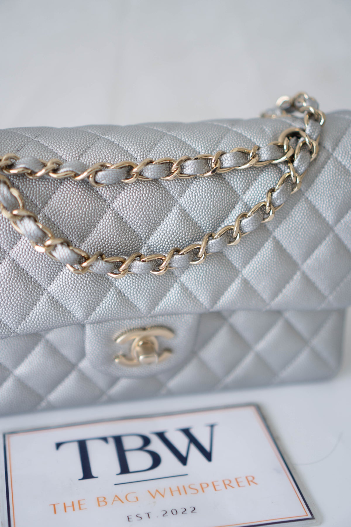 CC Classic Medium Double Flap Bag – Metallic Silver Iridescent Caviar in Light Gold Hardware