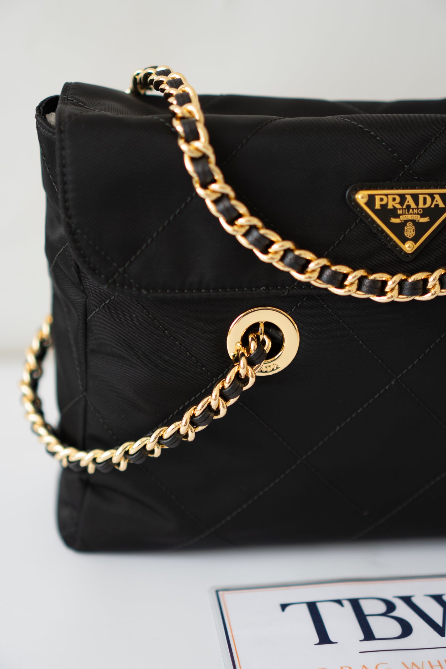 Quilted Nylon Tessuto Impuntu Chain Shoulder Bag – Black with Gold Hardware