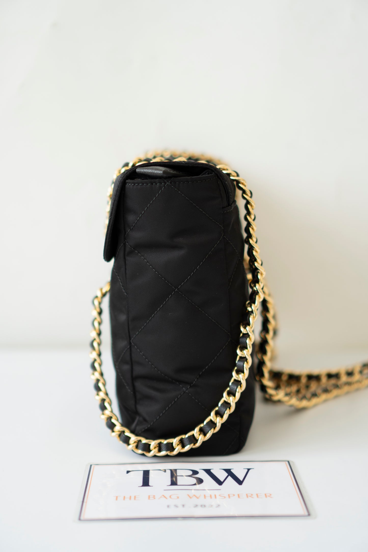 Quilted Nylon Tessuto Impuntu Chain Shoulder Bag – Black with Gold Hardware