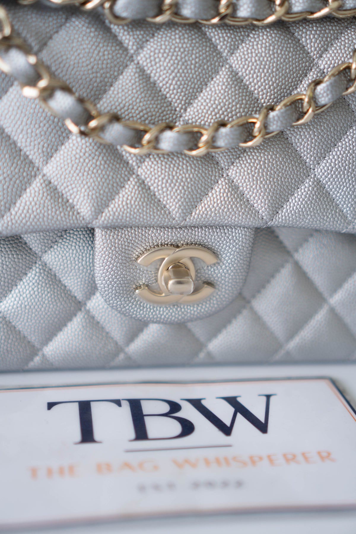 CC Classic Medium Double Flap Bag – Metallic Silver Iridescent Caviar in Light Gold Hardware