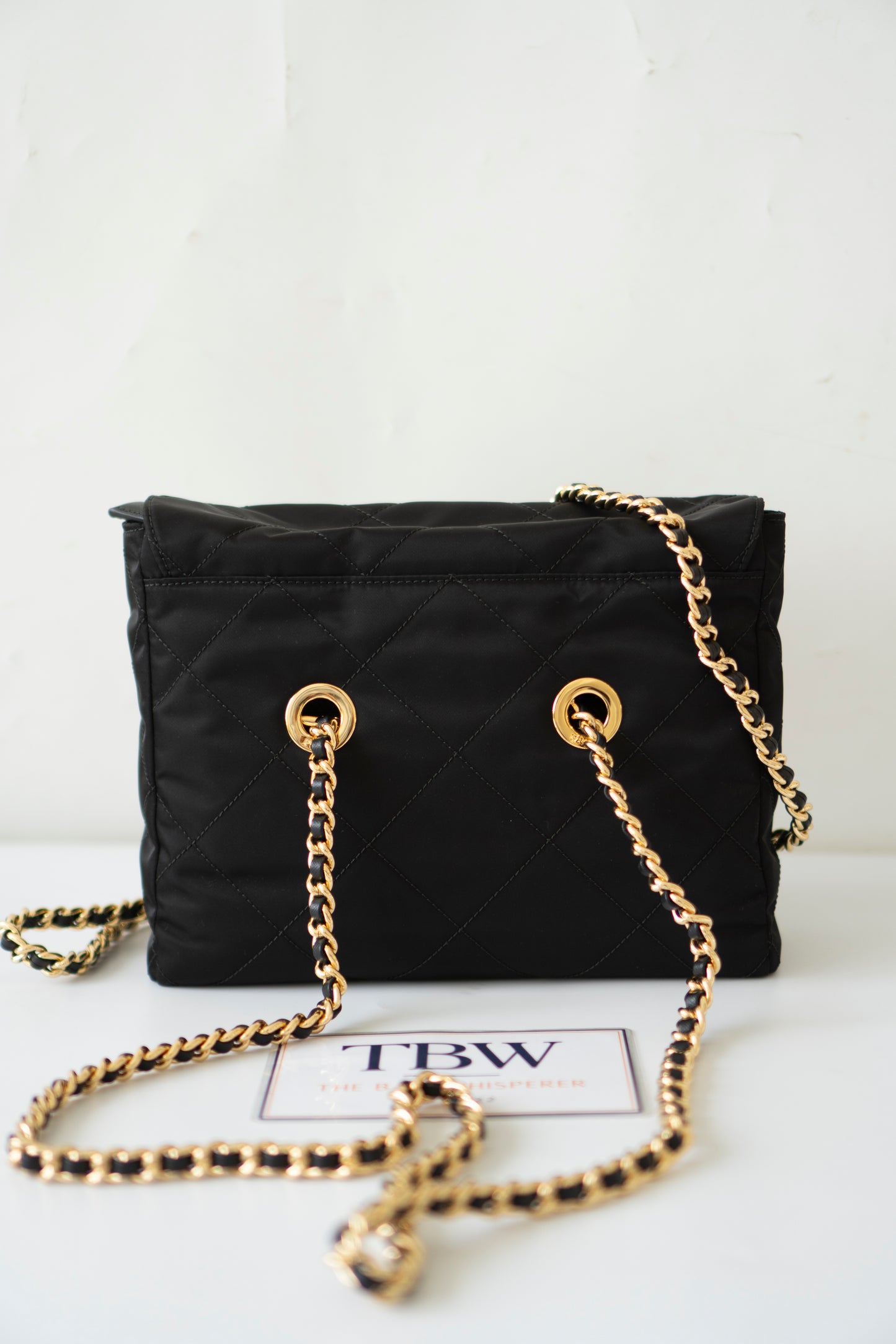 Quilted Nylon Tessuto Impuntu Chain Shoulder Bag – Black with Gold Hardware