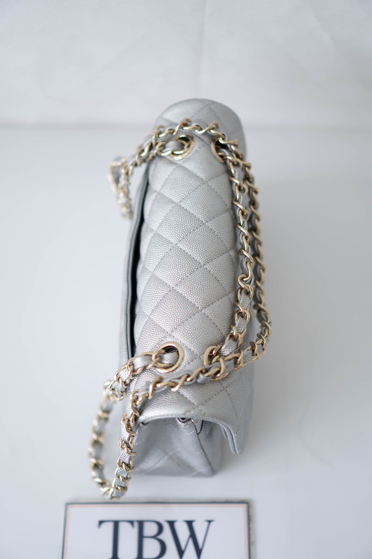 CC Classic Medium Double Flap Bag – Metallic Silver Iridescent Caviar in Light Gold Hardware