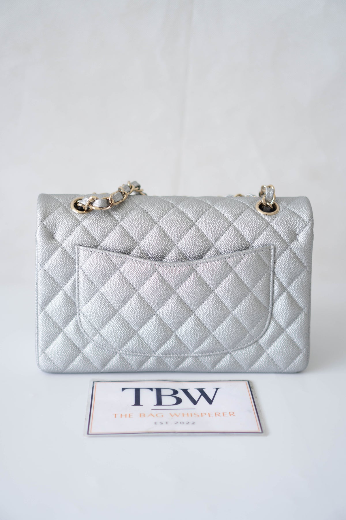 CC Classic Medium Double Flap Bag – Metallic Silver Iridescent Caviar in Light Gold Hardware