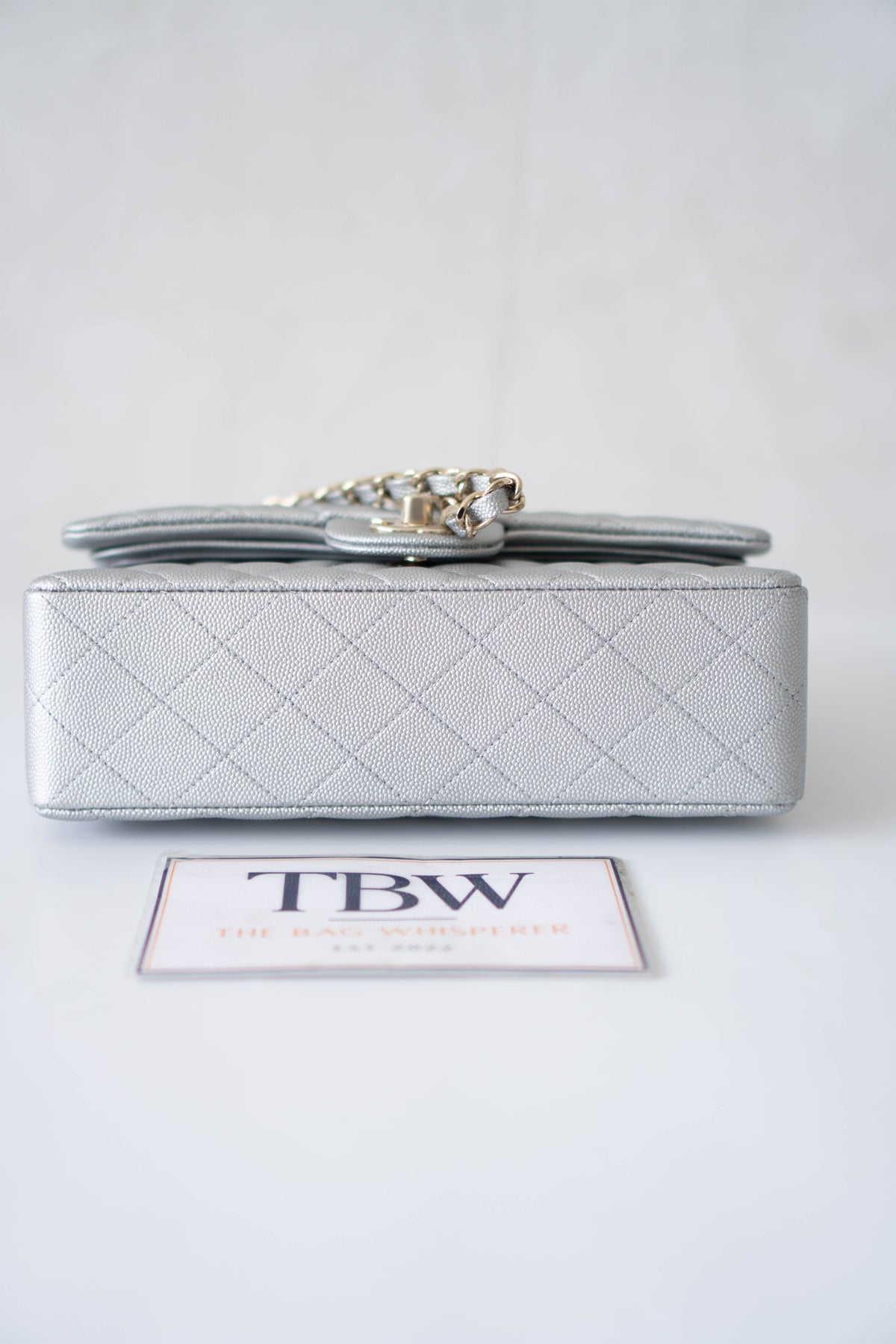 CC Classic Medium Double Flap Bag – Metallic Silver Iridescent Caviar in Light Gold Hardware