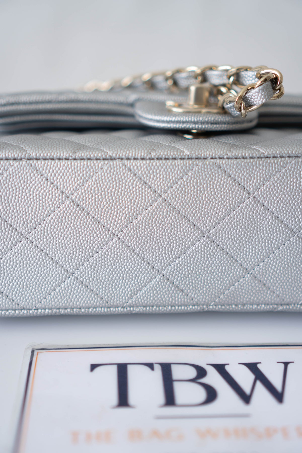 CC Classic Medium Double Flap Bag – Metallic Silver Iridescent Caviar in Light Gold Hardware