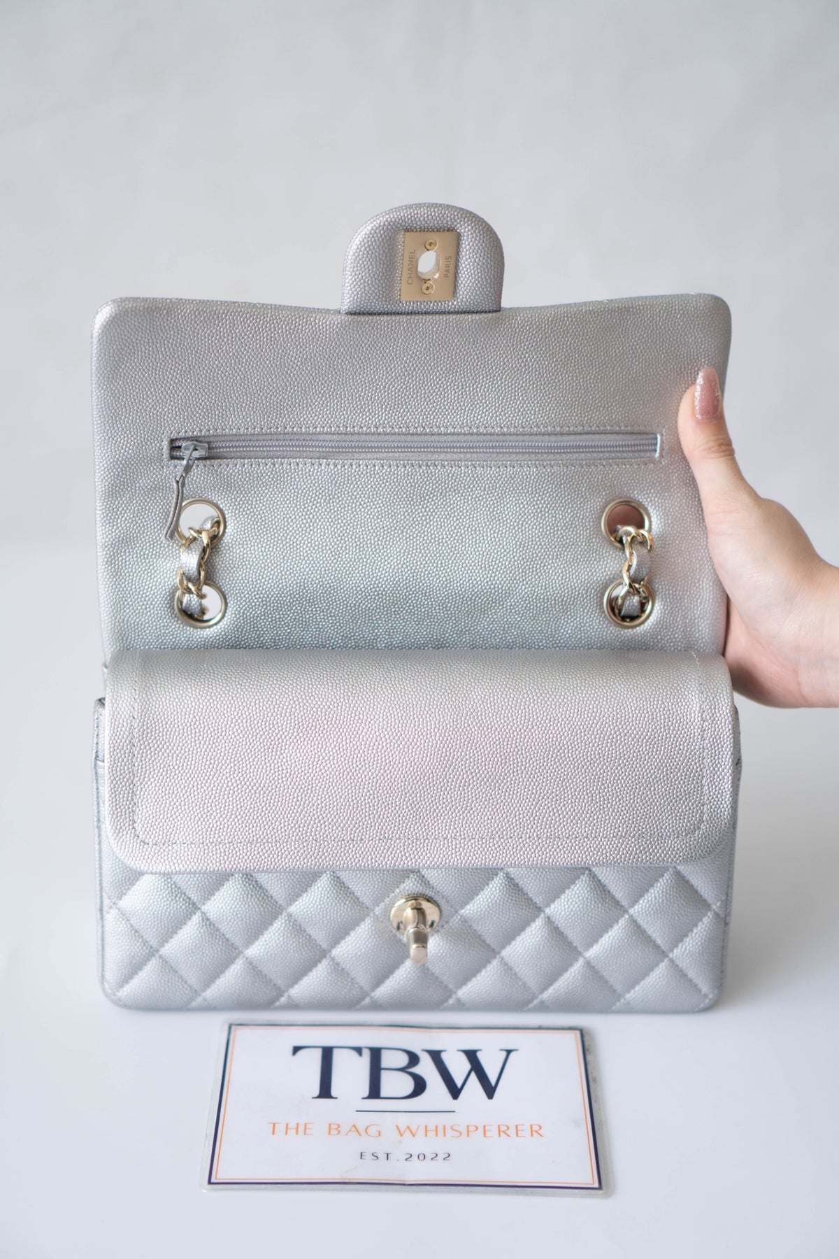 CC Classic Medium Double Flap Bag – Metallic Silver Iridescent Caviar in Light Gold Hardware
