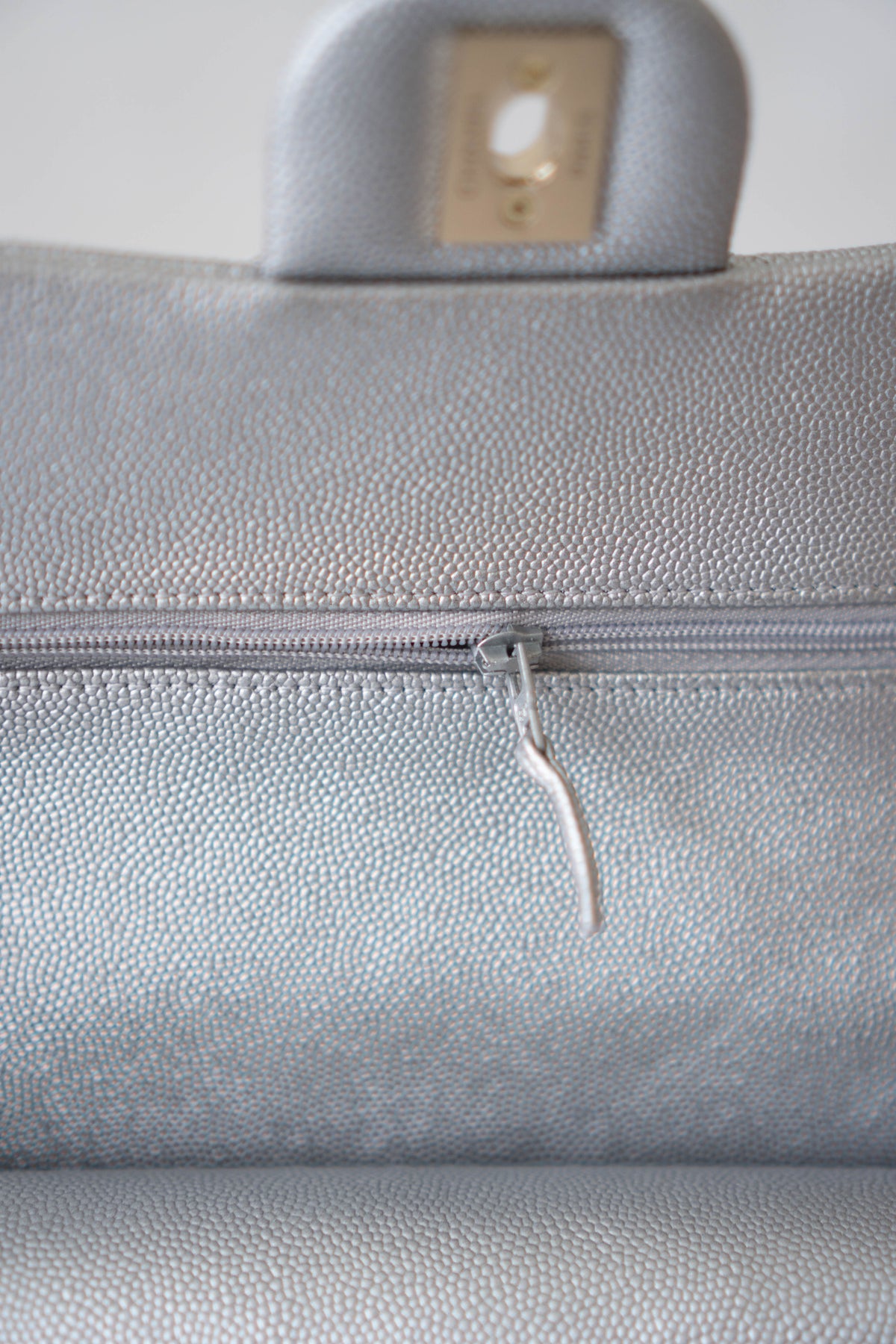 CC Classic Medium Double Flap Bag – Metallic Silver Iridescent Caviar in Light Gold Hardware
